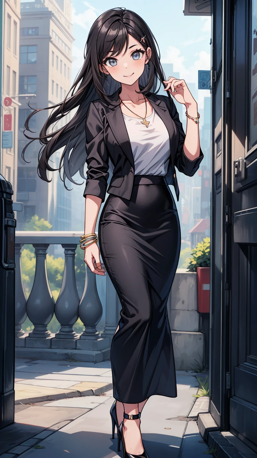 ((masterpiece, top quality:1.3, High detail)), beautiful businesswoman, smile, long wave hair, (dark hair), hairpin, bright eyes, (gray blazer), (Black Pencil ((skirt)), ((long skirt:1.2)), necklace, bracelets for men, clavicle, heels, ( lower body), city background, 
