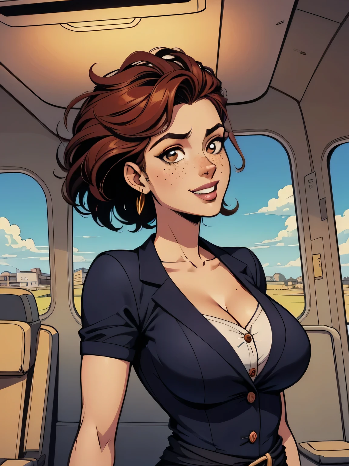 ( linhas absurdas, high definition, ultra fino,  be careful with your hand ) Close-up view of a thin and athletic woman (flight attendant), 25 anos, 16k (( high definition )), sorriso lindo, olhar sedutor (( looking at the spectator )), olhos castanhos, flight attendant usando um blazer azul (( with buttons, gola italiana, mangas curtas )) Camiseta branca (( decote em V )), cintura fina, cinto preto, arms on the sides of her body, pele branca, wavy red hair (( curto e cacheado )), She is alone inside a plane (( upper body, From waist to head, side view 3.4 )), with freckles on the neck and breasts, (( seios grandes, redondos e suados 3.4 )), (( Well defined collarbone )). estilo cartoon (( QG )), Interior of the plane in the background.