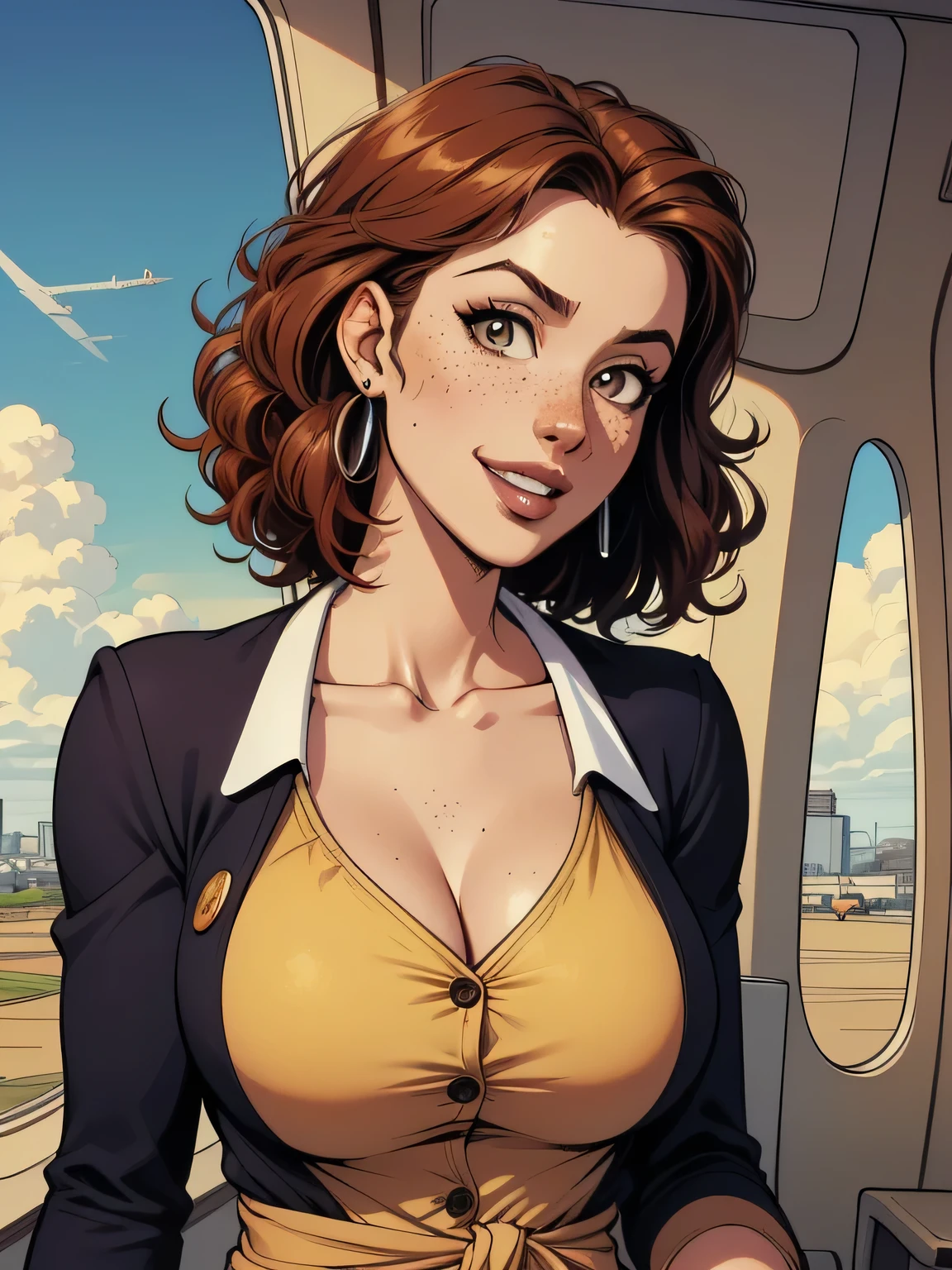 ( linhas absurdas, high definition, ultra fino,  be careful with your hand ) Close-up view of a thin and athletic woman (flight attendant), 25 anos, 16k (( high definition )), sorriso lindo, olhar sedutor (( looking at the spectator )), olhos castanhos, flight attendant usando um blazer azul (( with buttons, gola italiana, mangas curtas )) Camiseta branca (( decote em V )), cintura fina, cinto preto, arms on the sides of her body, pele branca, wavy red hair (( Short and curly )), She is alone inside a plane (( upper body, From waist to head, side view 3.4 )), with freckles on the neck and breasts, (( seios grandes, redondos e suados 3.4 )), (( Well defined collarbone )). estilo cartoon (( QG )), Interior of the plane in the background.