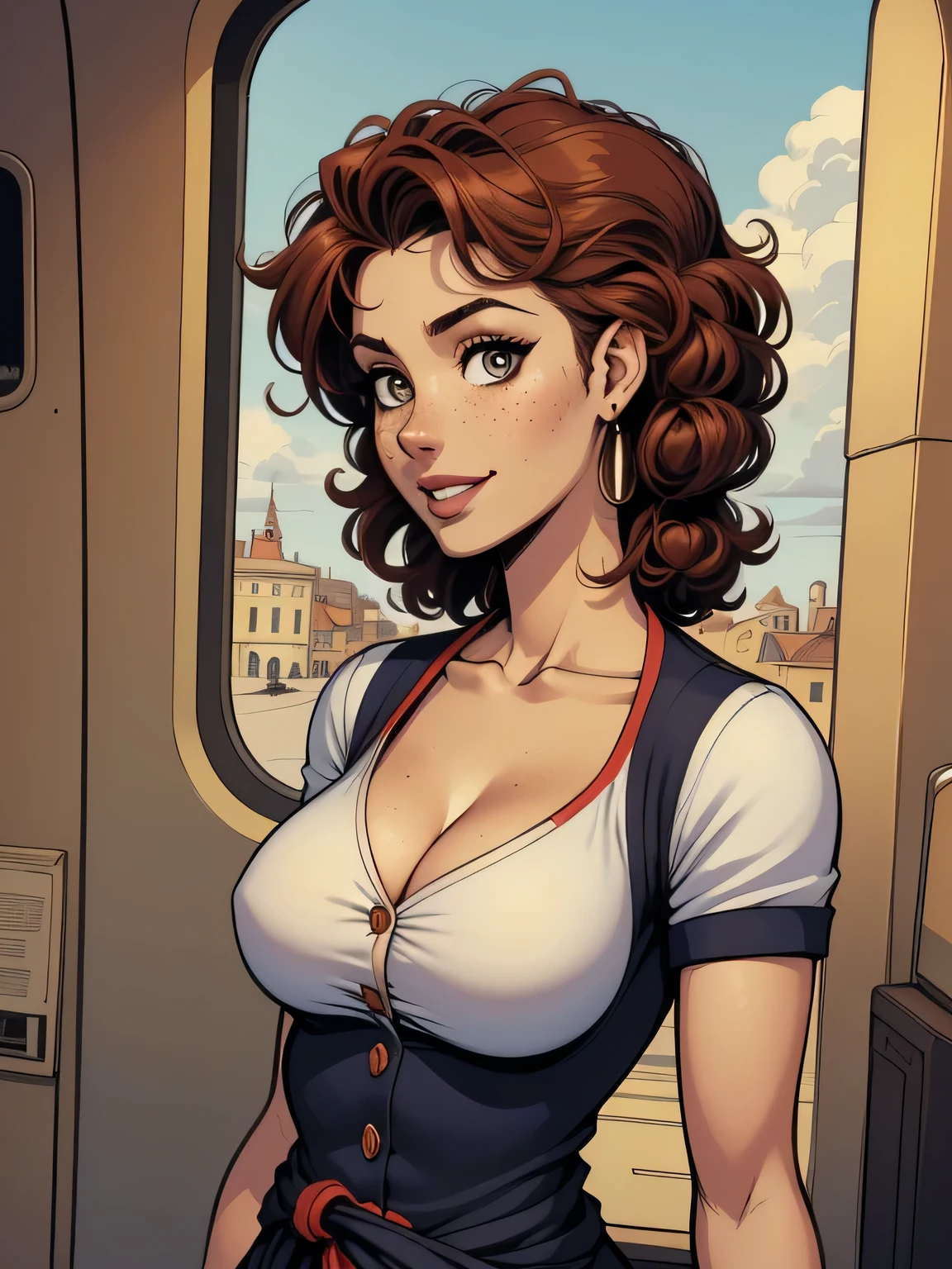 ( linhas absurdas, high definition, ultra fino,  be careful with your hand ) Close-up view of a thin and athletic woman (flight attendant), 25 anos, 16k (( high definition )), sorriso lindo, olhar sedutor (( looking at the spectator )), olhos castanhos, flight attendant usando um blazer azul (( with buttons, gola italiana, mangas curtas )) Camiseta branca (( decote em V )), cintura fina, cinto preto, arms on the sides of her body, pele branca, wavy red hair (( Short and curly )), She is alone inside a plane (( upper body, From waist to head,  side view 1 .4 )), with freckles on the neck and breasts, (( seios grandes, redondos e suados 1.4 )), (( Well defined collarbone )). estilo cartoon (( QG )), Interior of the plane in the background.