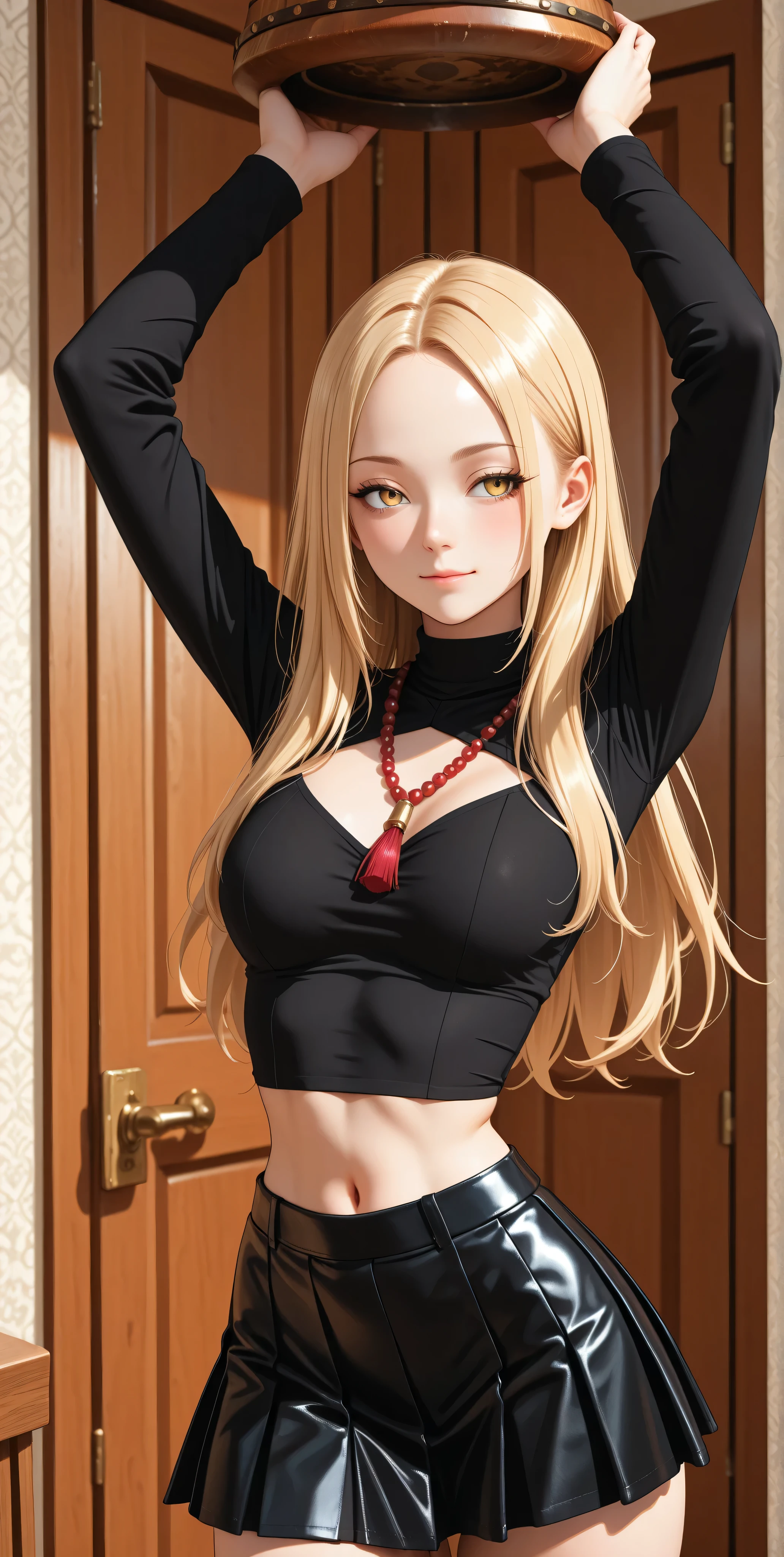 Well, yellow eyes, blond hair, split bangs, forehead, red beaded necklace, black blouse with a pronounced halter collar, long sleeve, balanced, black pleated leather microskirt. shemale, narrow waist, cuckold, beautiful