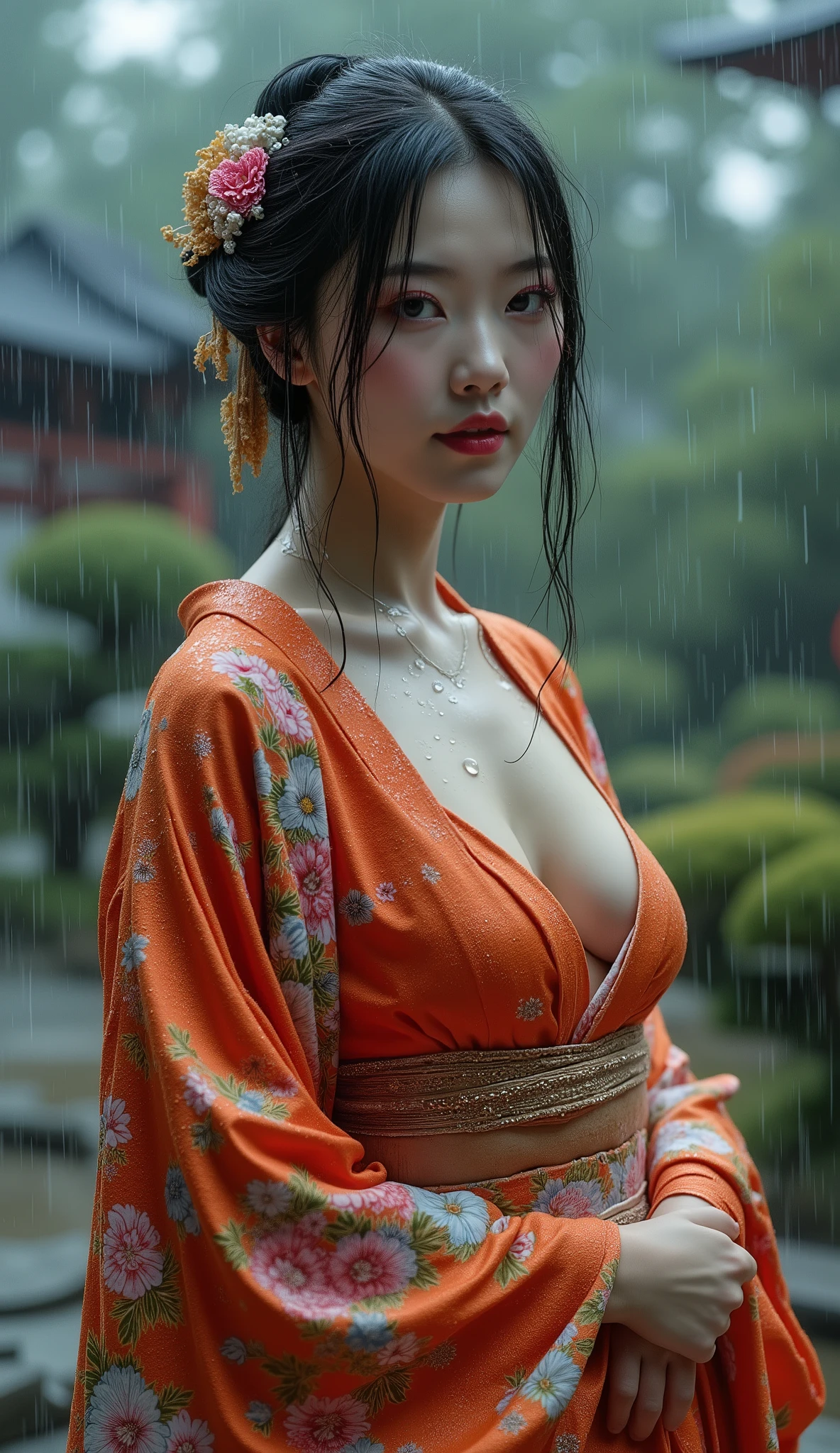 Highest Quality 、high quality 、 最High Precision、High Precision、8K quality、high image quality 、Highest Quality、 masterpiece 、immersive video、 very realistic image 、Realistic Painting、 perfect details 、 high contrast 、High Fidelity、 perfect photo without blur、close to reality、 faithfully reproduced images down to the smallest detail、 Detailed and REALISTIC WEAPON 、 exquisite and realistic human skin 、 realistic face in every detail、 Realistic eyes in detail 、 drawing realistic lips down to the smallest detail 、 detailed and real teeth、Real Ears、 Realistic Hair 、((Japanese Model))､((Beautiful mature woman))、((Madame))、((Adult face))、(( black hair))、((BIG BREASTS))、((slim and perfect mature body))、(((Wet skin all over  )))､((traditional Japanese garden))、((Rain clouds spreading across the sky))、((Heavy Rain Weather))､(( downpour))、((Stormy wind and rain))、(((A kimono with a clear floral pattern,sexy kimono)))、(((雨に濡れたA kimono with a clear floral patternが肌にぴったりとフィットする))、(((雨に濡れたA kimono with a clear floral patternを通して彼女のボディーラインがはっきりと見える)))、(( Raindrops on a wet kimono  ))､((( direct eye contact )))､((((full body depiction)))、(   subject close-up  ))