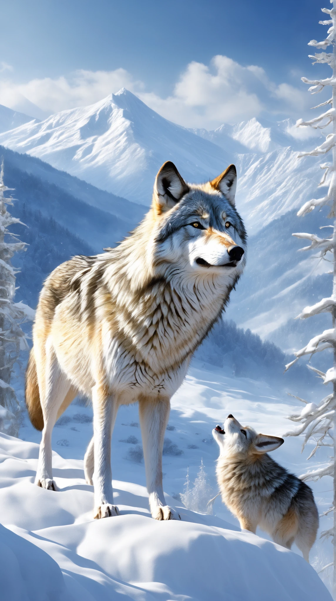 high-definition images、Wolves are prey in the winter mountains(Rabbit)に狙いをつけている、large snowy mountains aim at the background