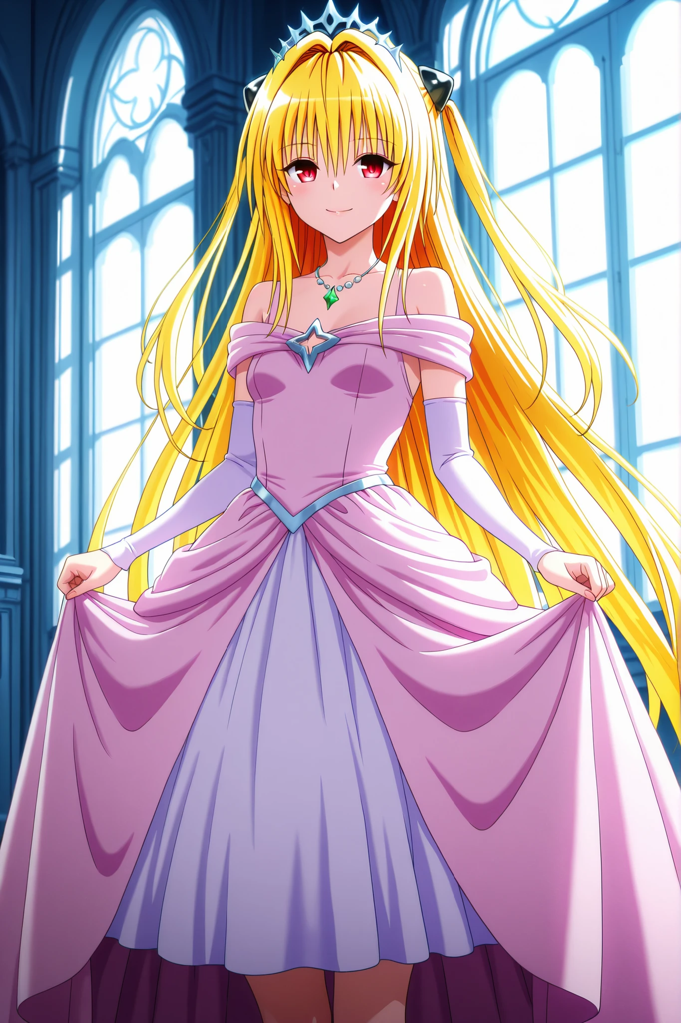 8K,HDR,best quality, high quality,amazing quality,highly detailed,ultra detailed,high resolution, absurdres, newest,(anime screencap:1),(anime coloring:1),(anime style:1),perfect eyes,detail1eye,well-defined fingers,(perfect anatomy:1), (perfect fingers,5 fingers:1),cowboy shot,from front,

BREAK 
1girl,solo,"konjiki_no_yami  \ (to_love-ru \)",yami, konjiki no yami, yellow hair, long hair, red eyes, hair ornament, two side up, mature female, small breasts,

princess line dress, voluminous skirt, fitted waist, fairytale style,pink dress,delicate silver tiara,emerald necklace,

smile,(happy:0.4),looking at viewer,curtsey ,standing,

BREAK 
rltstc,peaceful atmosphere,helios 85mm,dof,gold embroidery,
light coming in through the window creates patterns on the floor,western castle corridor