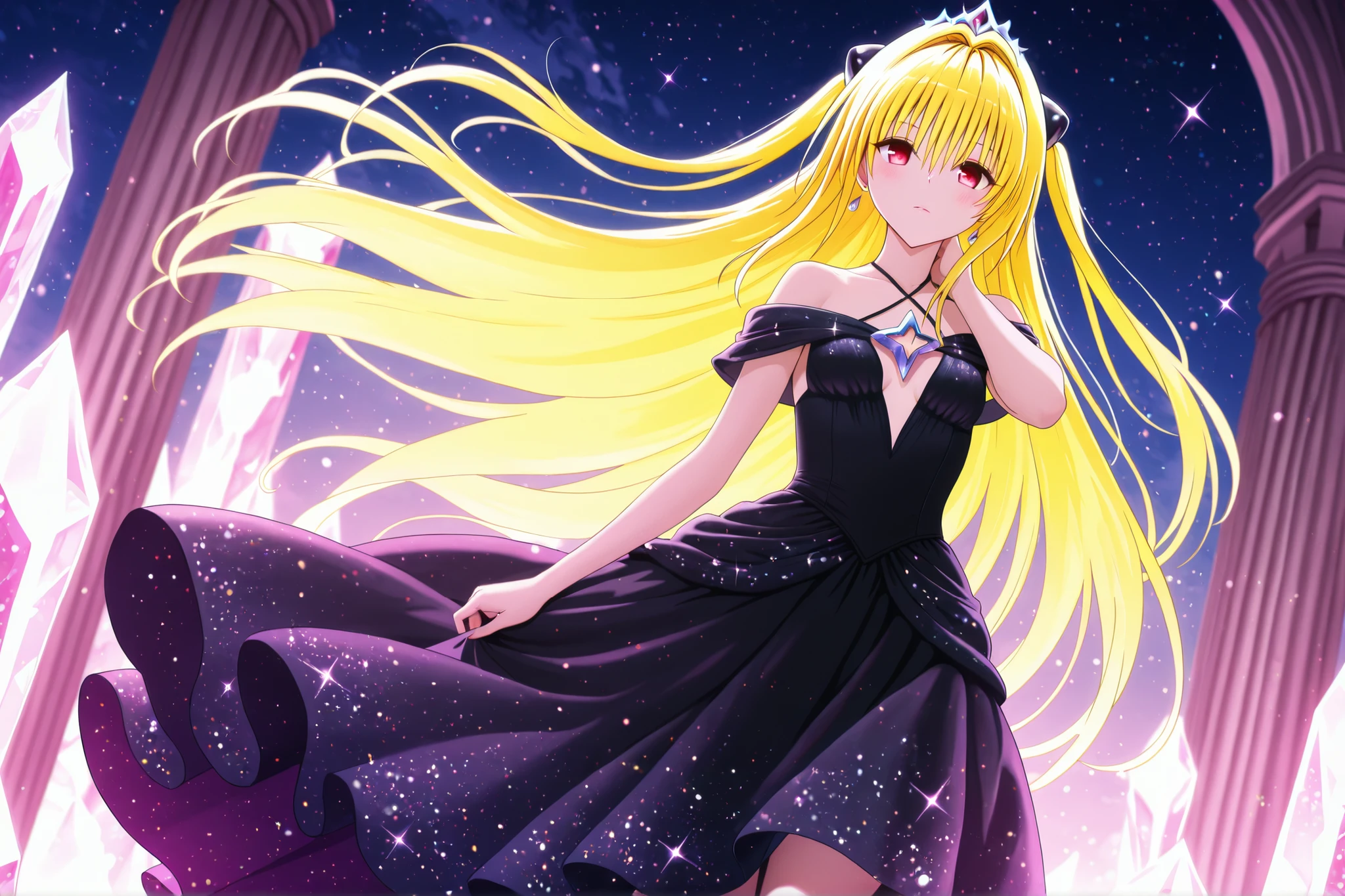 8K,HDR,best quality, high quality,amazing quality,highly detailed,ultra detailed,high resolution, absurdres, newest,(anime screencap:1),(anime coloring:1),(anime style:1),perfect eyes,detail1eye,well-defined fingers,(perfect anatomy:1), (perfect fingers,5 fingers:1),cowboy shot,cinematic angle,

BREAK 
1girl,solo,"konjiki_no_yami  \ (to_love-ru \)",yami, konjiki no yami, yellow hair, long hair, red eyes, hair ornament, two side up, mature female, small breasts,

glitter dress, metallic sparkle, party ready,black dress, tiara,crystal earrings,

expressionless,(sad smile:0.7),looking at viewer,hand on own neck,standing,

BREAK 
rltstc,soft wind,serene mood,helios 85mm,dof,{{{western castles in magical world}}}, shimmering, (crystal-clear), (radiant light), (majestic architecture:1.2), (enchanting atmosphere), (transparent crystals:1.1), (glowing reflections), (prismatic colors), (airy towers:1.2), (ethereal beauty), (dreamlike landscape:1.2), (mystical allure), (serene tranquility), (awe-inspiring vistas:1.2), (glittering spires), (celestial glow:1.2), (whimsical details), starry sky