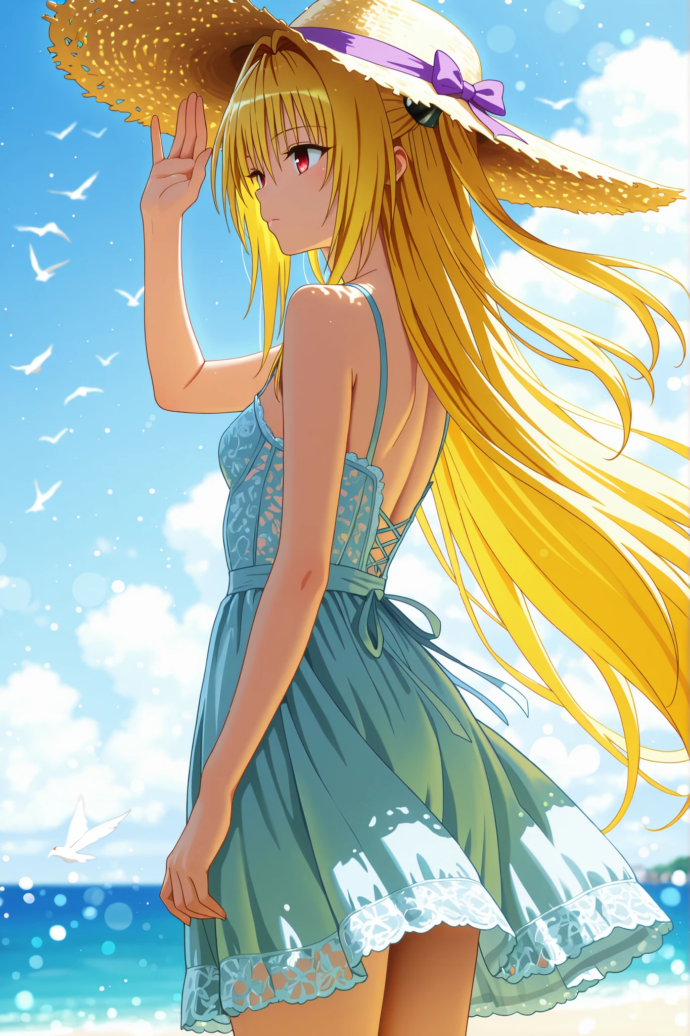 8K,HDR,best quality, high quality,amazing quality,highly detailed,ultra detailed,high resolution, absurdres, newest,(anime screencap:1),(anime coloring:1),(anime style:1),perfect eyes,detail1eye,well-defined fingers,(perfect anatomy:1), (perfect fingers,5 fingers:1),cowboy shot,from behind,magnificent panorama view,overlooking,

BREAK 
1girl,solo,"konjiki_no_yami  \ (to_love-ru \)",yami, konjiki no yami, yellow hair, long hair, red eyes, hair ornament, two side up, mature female, small breasts,

lace dress, intricate lace, romantic,light blue dress,straw hat,

expressionless,(joyful:0.7),looking at ahead,shading eyes,standing,

BREAK 
rltstc,soft wind,serene mood,bokeh,helios 85mm,dof,white blurred background luminous dreamlike reality isometric curious expression nostalgic gentle warmth and serenity,a girl standing on the european town overlooking the mediterranean sea,my hair and skirt are shaking in the wind,{{flock of white birds}}