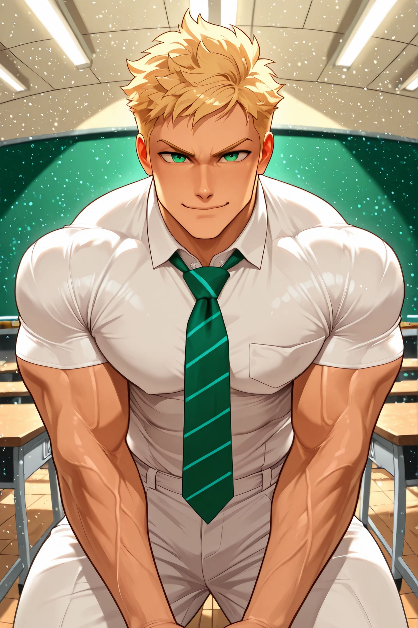 Athletic boy, fit boy, very short hair, blond hair, green eyes, school uniform, white formal shirt, short sleeves, green tie, formal pants, detailed facial features, intense gaze, confident smile, muscular physique, green faerie sparkles,1 boy, boy in a classroom, classroom, classroom at night, green faerie lights