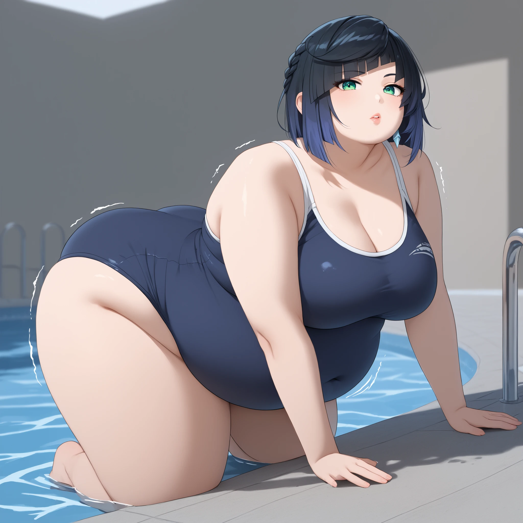 bloated belly,obese,fat,plump,WeightObese,score_9, score_8_up, score_7_up, score_6_up, BREAK source_anime, look at viewer, rating_safe, 1girl, solo, masterpiece, best quality, high detailed skin, yelan \(genshin impact\), competition school swimsuit, pool, chubby, chubby girl, curvy, large breasts, lips, plump, thick thighs, thighs, (((oversized gigantic stomach)), curvy, large breasts, lips, plump, thick thighs, thigh, immobile, stretch, from top to bottom, on all fours, arched back, Trembling
