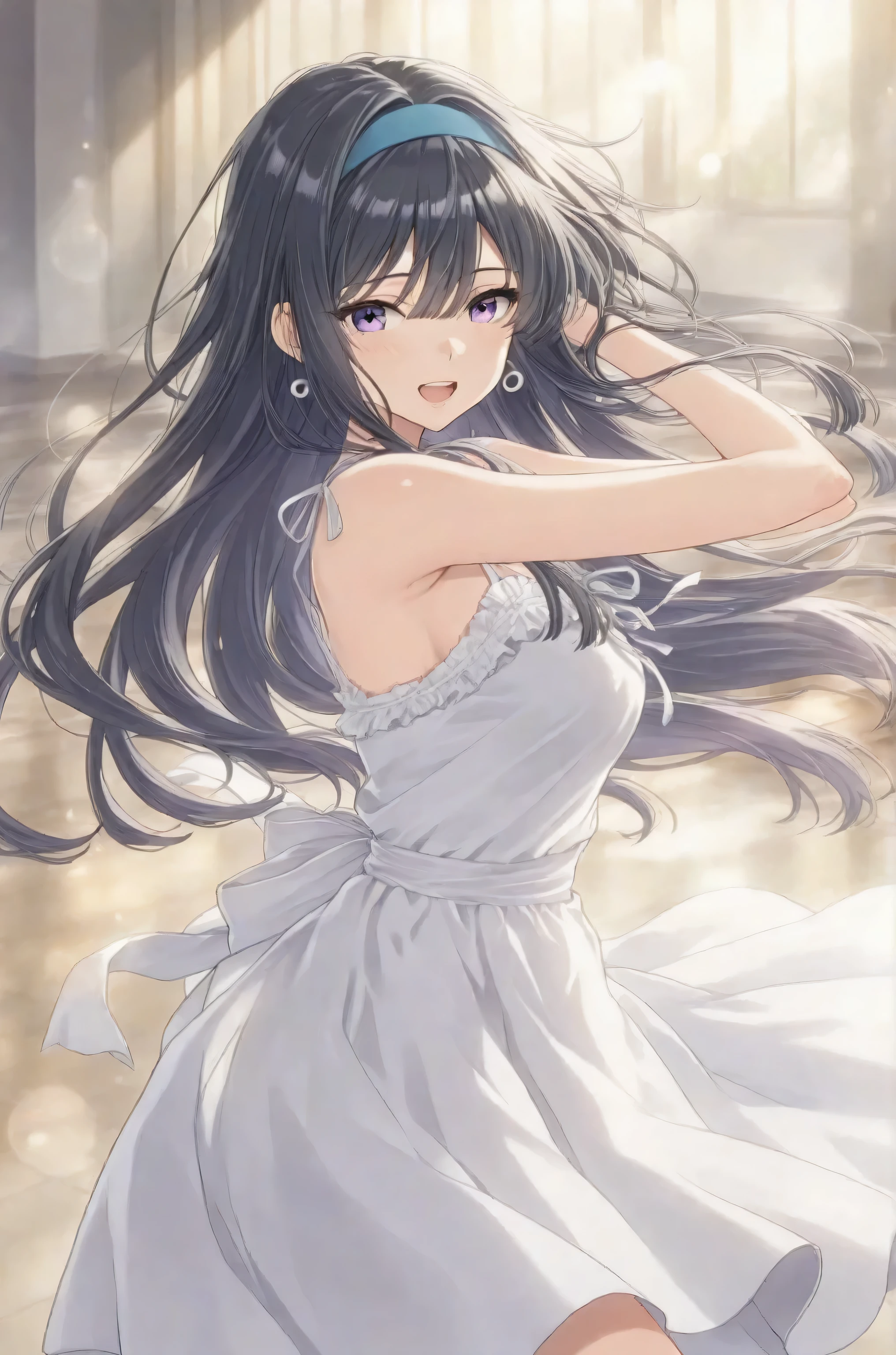 Eye-catching style Anime style 4k Eye-catching style Anime style Violet Evergarden style (masterpiece), super beautiful, shiny long straight hair (high quality), (beautiful detailed face), (beautiful detailed eyes)), (beautiful and beautiful hands), (high definition CG)), ((8k_wallpaper)), beautiful hands, | Kaguyahime is a legendary beauty who appears in Japanese folklore. Amazingly elaborate and luxurious Hollywood actress-style dress, breathtakingly beautiful. Long flowing black hair flows gracefully down her back, her expression is smiling, and she is wrapped in a soft and otherworldly glow, Kaguyahime has heavenly grace and elusiveness, the beauty of Kaguyahime one girl, purple eyes, lens flare, high resolution, multiple awards, high quality model, high quality, very detailed, masterpiece, double-sided up, hair fluttering in the wind, breasts, crescent-shaped earrings, slightly open mouth, eye symbol, blue hairband,1人の女の子, 高解像度, 胸, とても長い髪, カラフルな髪, 光沢のある髪, ハイライトカラーの髪形, 風になびく髪, 髪を振る, 目にかかる髪, 斜め前髪, 高解像度, 精確, 多数の賞を受賞, 傑作, 高いディテール, 超高精細, 高画質モデル, 目がダイヤモンド, 琥珀色の目, いたずらっぽい, 八重歯, 羽根のヘアアクセサリー, キラキラエフェクト, ゴッドレイ, 