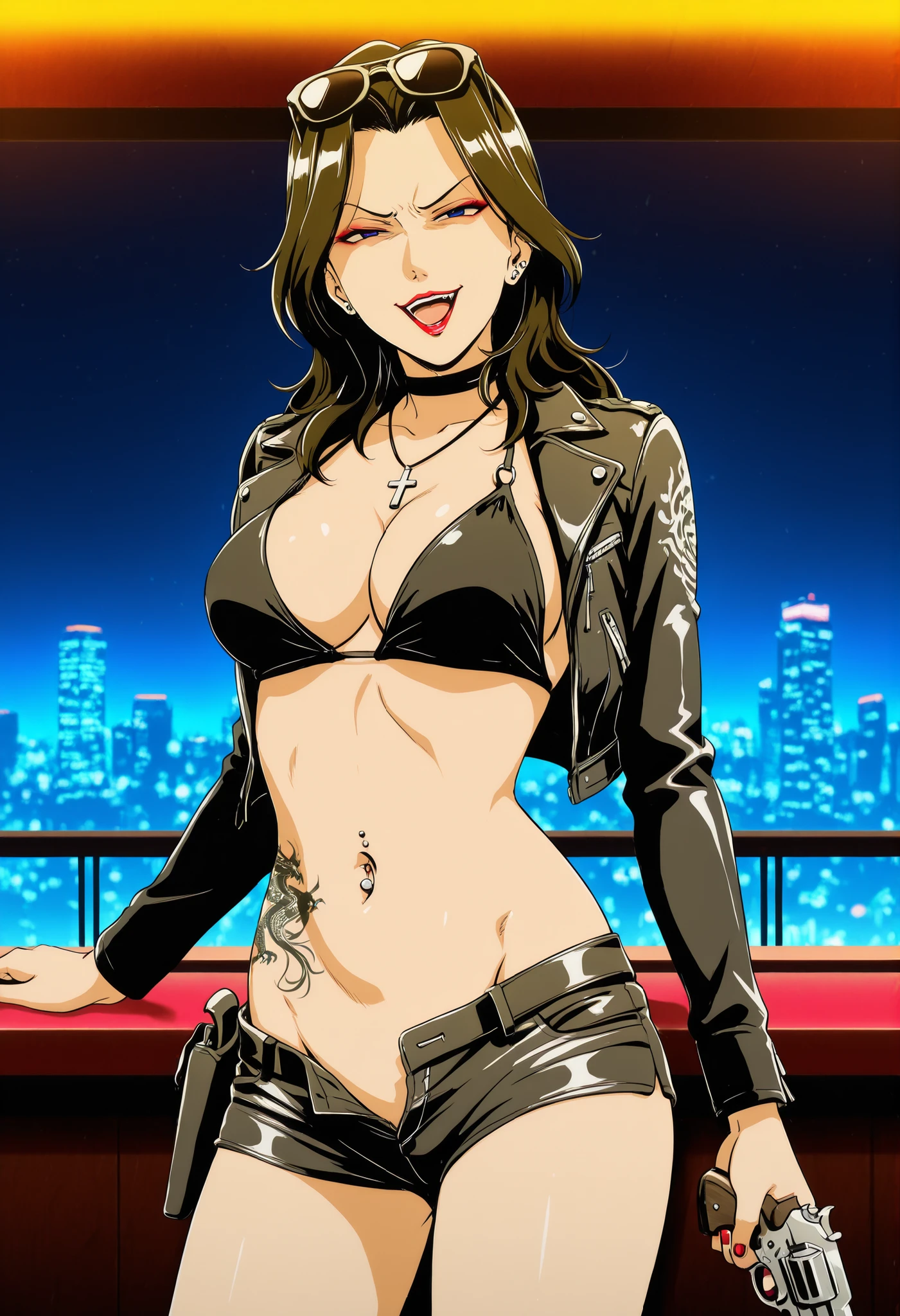 mrsyaj1ma, masterpiece, best quality, amazing quality, very aesthetic, absurdres, newest, very awa, beautiful eyes,
, makeup, lipstick, nail polish, ear piercing, long hair, , lipstick, Hot girl, baddie,, sensual, attractive ,choker , cross necklace, bar background, inside bar, indoors, cityscape, casino, cleavage ,indoors, cityscape, city lights, , motorcycle jacket, masterpiece , best quality , highly detailed , a girls with a gun , evil smile , open mouth , sexy gaze , badass pose , evil smile , smile , (nsfw) not safe for work , guns blazing , anime girl with long hair , beautiful long haired girl , navel , evil expression , exposed belly , exposed navel , exposed midriff , exposed lower belly , , cleavage , unbuttoned shorts , open fly , shorts , short shorts ,, leather jacket , holding a gun , holding pistol , knot , pull_down shorts , black short shorts , (show off panties , :1 . 2 , no panties) , zip up leather jacket , bikini top , shoulder holster ,navel piercing, ,sunglasses on head,,, medium large breasts ,dragon tattoo on waist, narrowed eyes, tattoo on waist, anipai_style , anime screencap , anime coloring,, v-shape eyebrows,,
