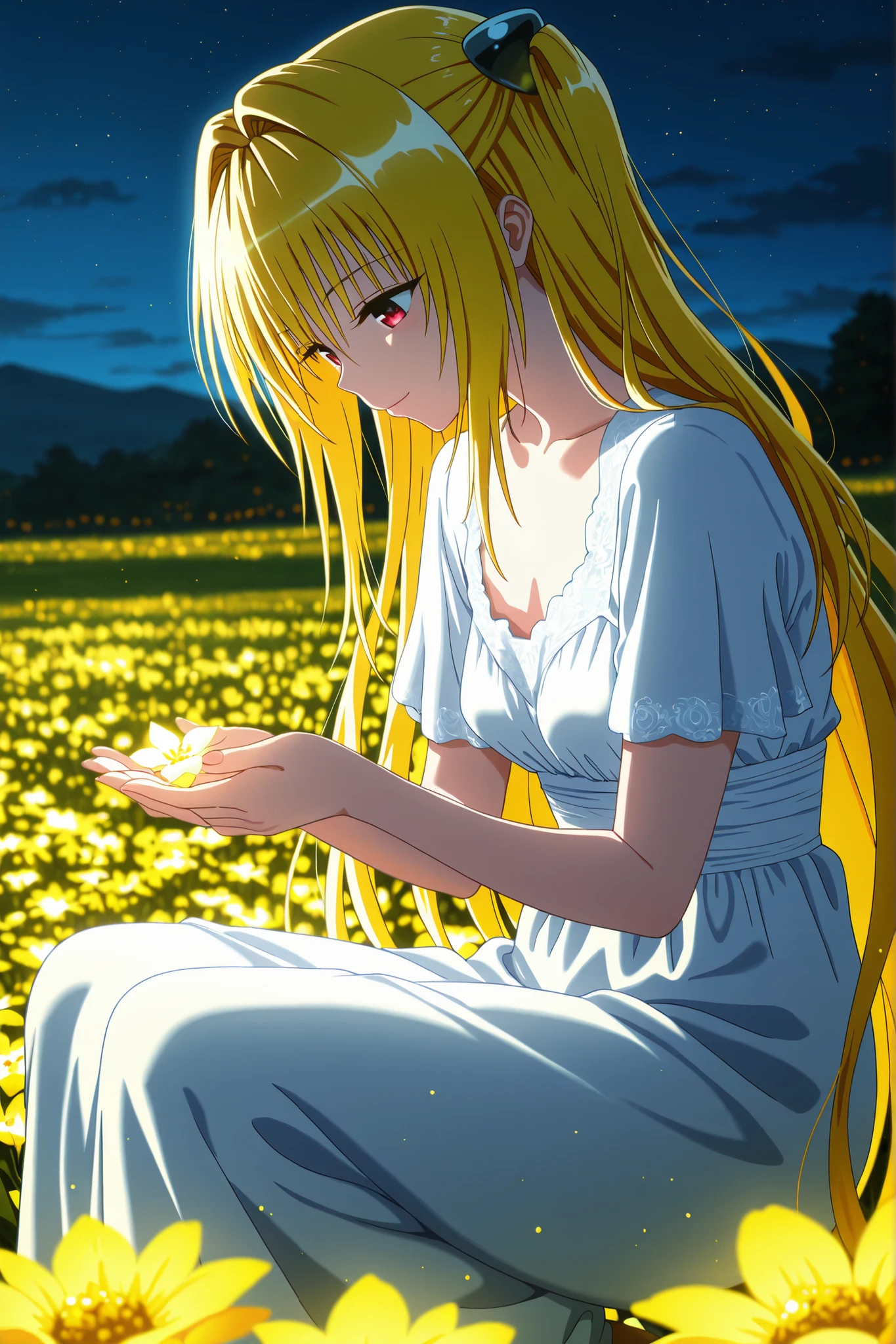 8K,HDR,best quality, high quality,amazing quality,highly detailed,ultra detailed,high resolution, absurdres, newest,(anime screencap:1),(anime coloring:1),(anime style:1),perfect eyes,detail1eye,well-defined fingers,(perfect anatomy:1), (perfect fingers,5 fingers:1),overlooking,cowboy shot,from side,magnificent panorama view,

BREAK 
1girl,solo,"konjiki_no_yami  \ (to_love-ru \)",yami, konjiki no yami, yellow hair, long hair, red eyes, hair ornament, two side up, mature female, small breasts,

empire dress, high waist, flowing fabric, airy,white dress,

light smile,(expressionless:0.5),looking down,holds a flower in both hands,squatting,

BREAK 
rltstc,soft wind,serene mood,helios 85mm,dof,the flower illuminates her face, field with many glowing flowers, yellow flowers,night,warm lighting