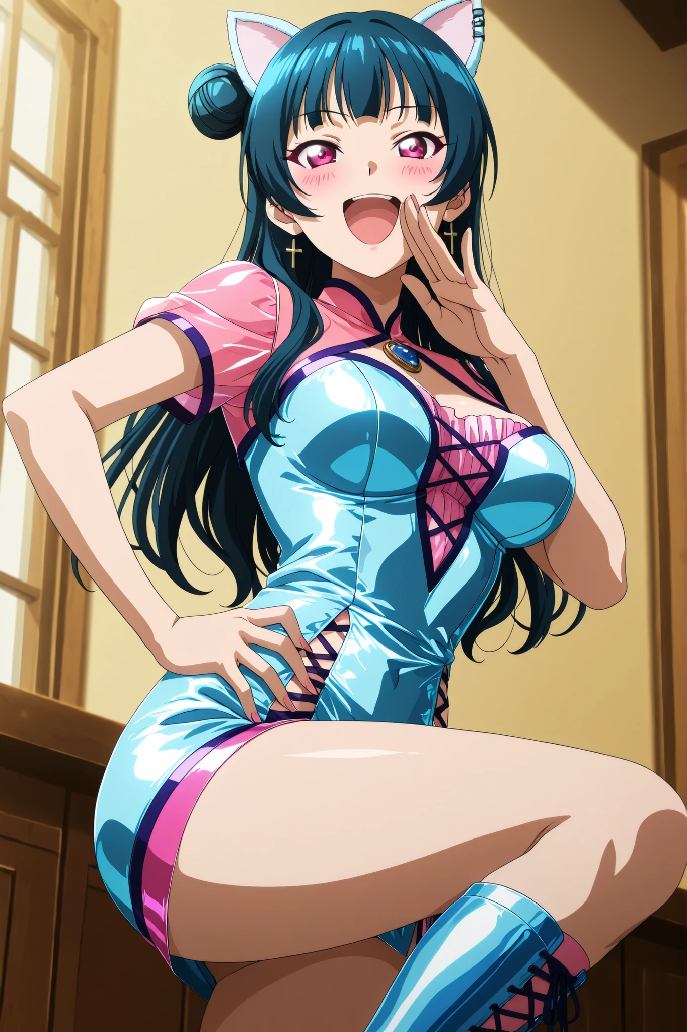 Cat ear bar, Tsushima Yoshiko,(anime coloring:1.5),(anime coloring:1.5),masterpiece, best quality, great quality, high resolution, (One Beautiful Woman,solo:1.5),very aesthetic, high resolution, ultra detail, Perfect Details, breast ,Cat ears,Have a cocktail,Pastel Blue metallic string bodycon short mini dress,blush,embarrassing,Dimly lit cafe,Suspicious lighting,one hand on hip,ojou-sama pose, laughing, circle open mouth, hand to own mouth,one knee up, curvy body , cross laced sides of the dress,fully exposed parted breasts 