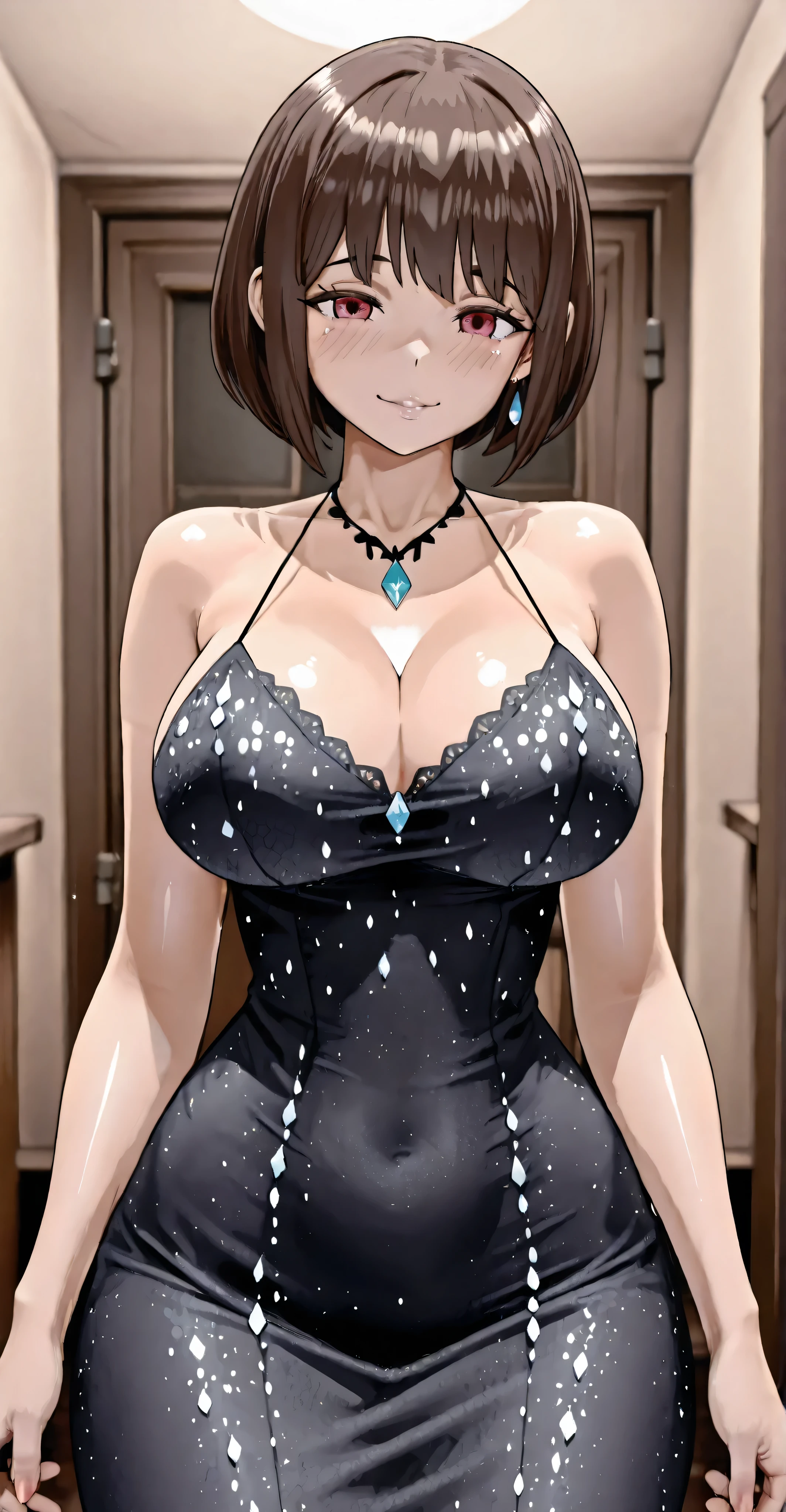 ((UHD. 4k. masterpiece. perfect anatomy. Hyper-detailed.))

A preteen with the body of a mature MILF.   has a round face , Brown bob hair, bangs, She wears a black silk minidress adorned with small scattered shiny crystals,  with a pronounced halter, short sleeve. medium and round breasts, narrow waist, cuckold, beautiful