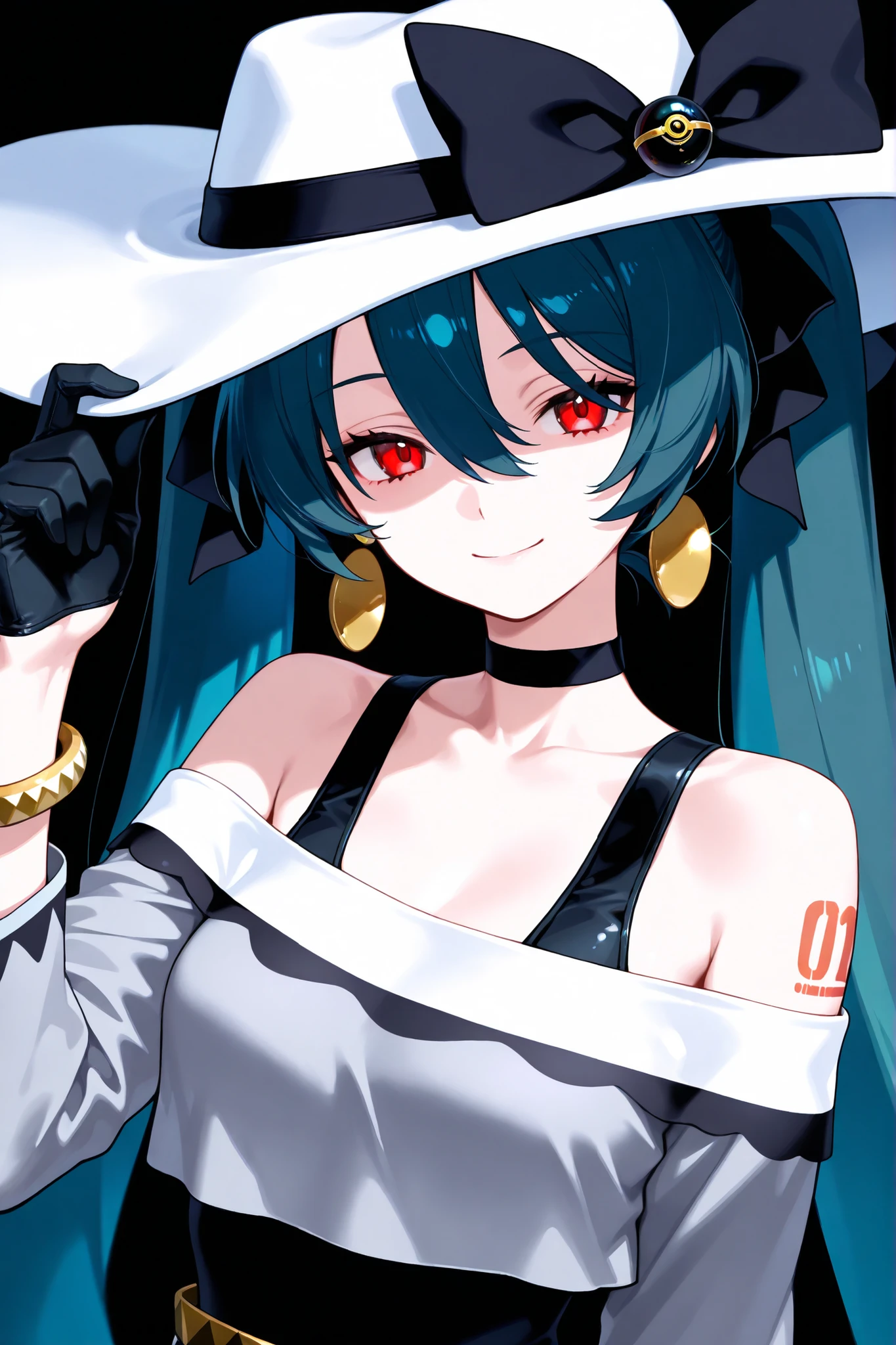 1girl, hatsune miku, dark miku \(project voltage\), arm tattoo, bare shoulders, black bow, black choker, black gloves, bow, bracelet, choker, closed mouth, earrings, gloves, gold bracelet, gold earrings, green hair, hair between eyes, hand up, hand on headwear, hat, hat bow, jewelry, long hair, long sleeves, looking at viewer, luxury ball, poke ball, portrait, red eyes, smile, solo, tattoo, twintails, white hat,
masterpiece, best quality, good quality