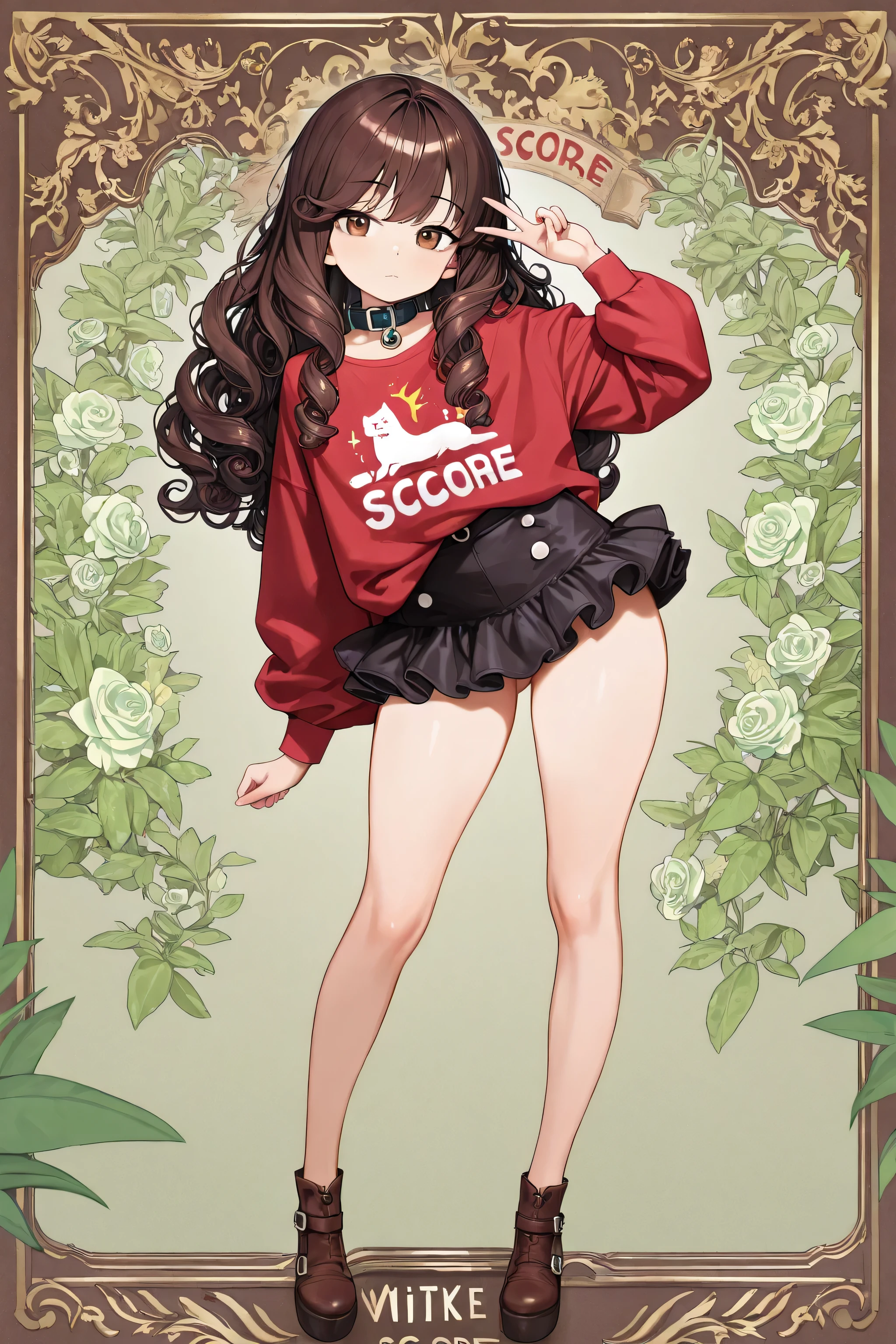 1girl, portrait, curly hair, silky hair, long hair, diagonal bang, brown eyes, 
red shirt with collar, V sign, Glynn, green and floral background,fluffy micro mini skirt with ruffles, masterpiece, high score, great score, absurd, Inner thighs、Standing figure shyly、Full Body