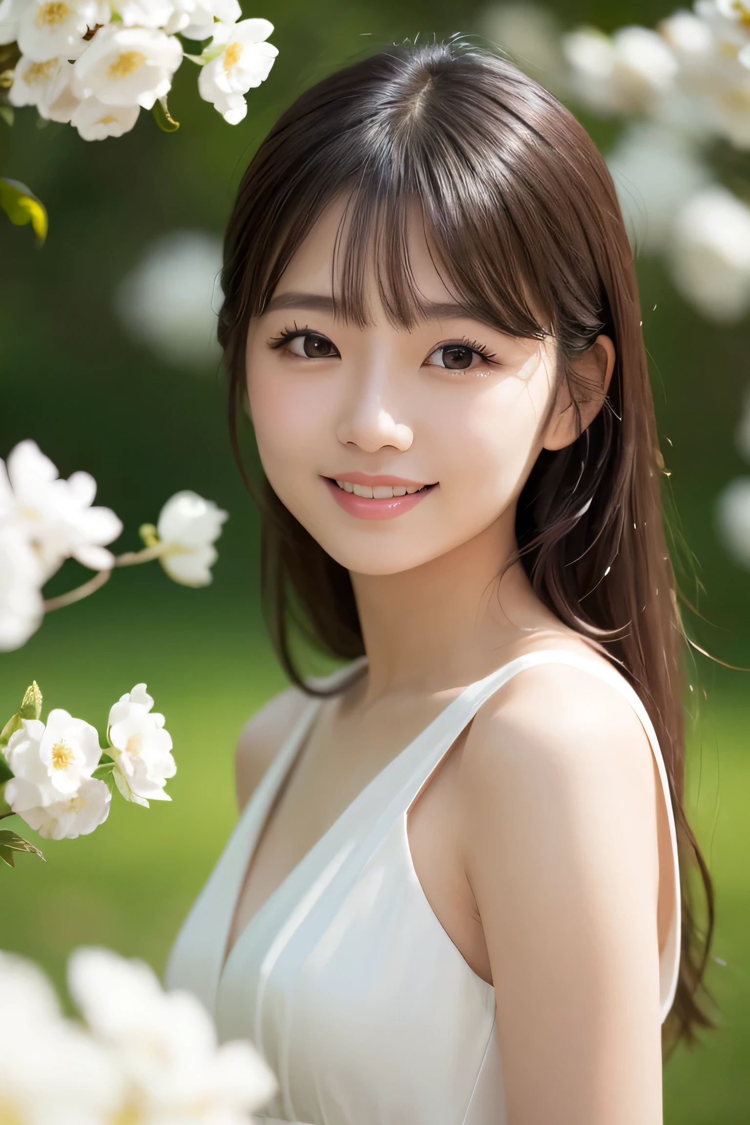 8K, Ultra-high resolution, Highest quality, masterpiece, 三分割法によるphotograph,Surreal, photograph, 1 girl, (16 years old:1.3), pretty girl, Cute face, Beautiful eyes in every detail, 細かくdetailedに,masterpiece,, One Girl:1.2, Japan Female Announcer,whole body,Young Wife,Girl with her back to the camera, evening, forest、Full of cleanliness,A carefree smile,Healing the heart,Semi-long layered hair,Looking at the audience、beauty,Long neck、Laugh a little、Please close your mouth and laugh、(((Ideal body type))),A-cup small breasts :2,、Portraiture:2、Perfect 、鮮明なdetailed、detailed、Surreal、Light and shadow,Strong light