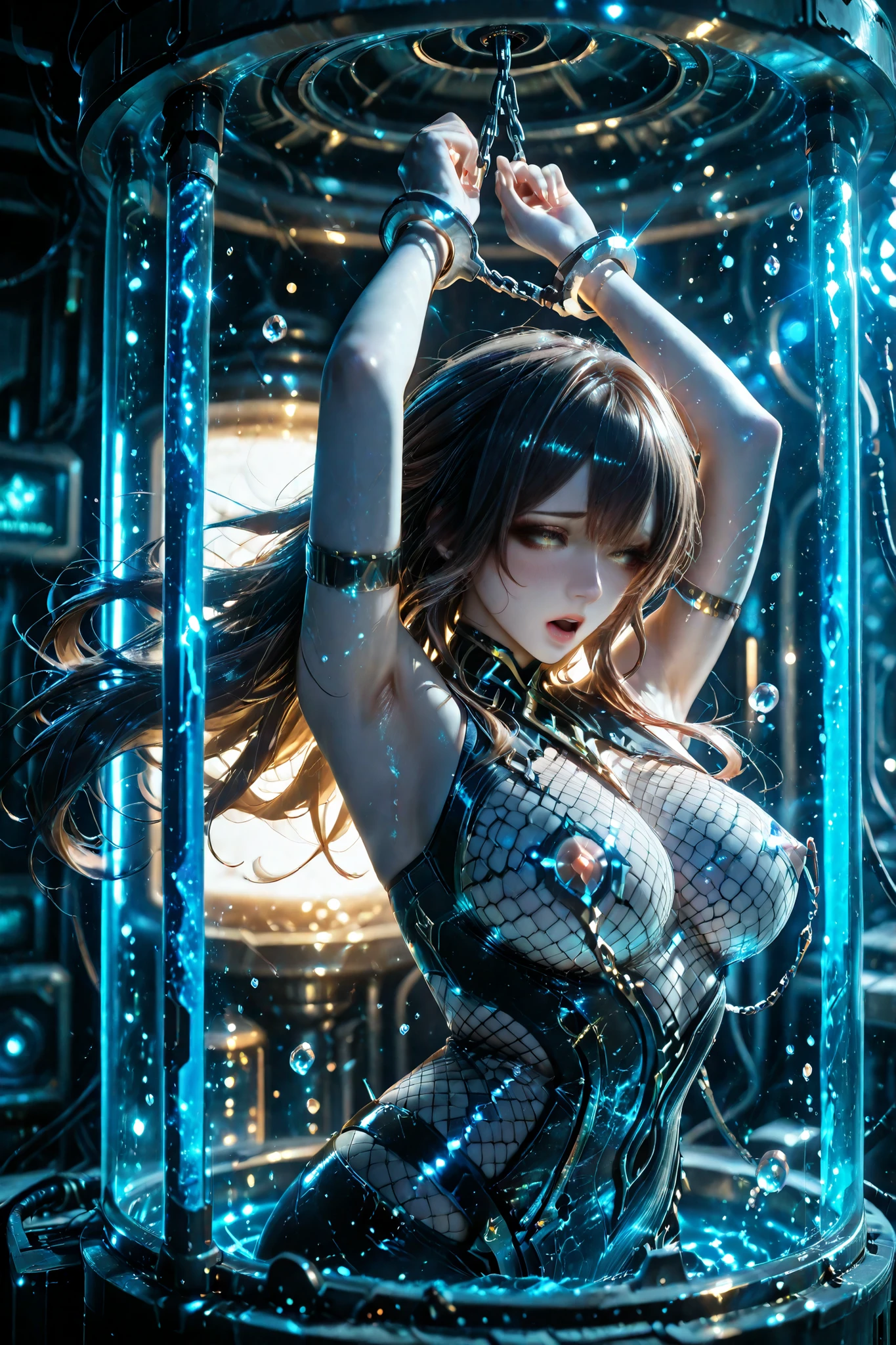 Genshin_Istaroth,,dark brown hair,20 yo,open mouth,asphyxiation,fishnets body suit,bare shoulders,(hands up,Hanged by chain,handcuffs,armpit:1.2),(Culture tank,stasis tank,in container,tank filled with water,air bubble,cables:1.1),floating upright in a geometric stasis pod,full body shot,(floating hair),science fiction,(nipple stimulation:1.4),sparkle,glowing,eyelashes, Sensual woman, Mature female, Milf, Elegant,Voluptuous, Glamor,Seductive, shy,depth of field, subtle bokeh, extremely detailed CG,high resolution, 8K uhd,unreal engine,ultra-detailed face,photo realistic,Hires .fix,vibrant colors,rich contrast ,masterpiece,best quality,detailed,highly detailed, ultra detailed, beautiful face,perfect face,highly detailed beautiful face and eyes,attractive face