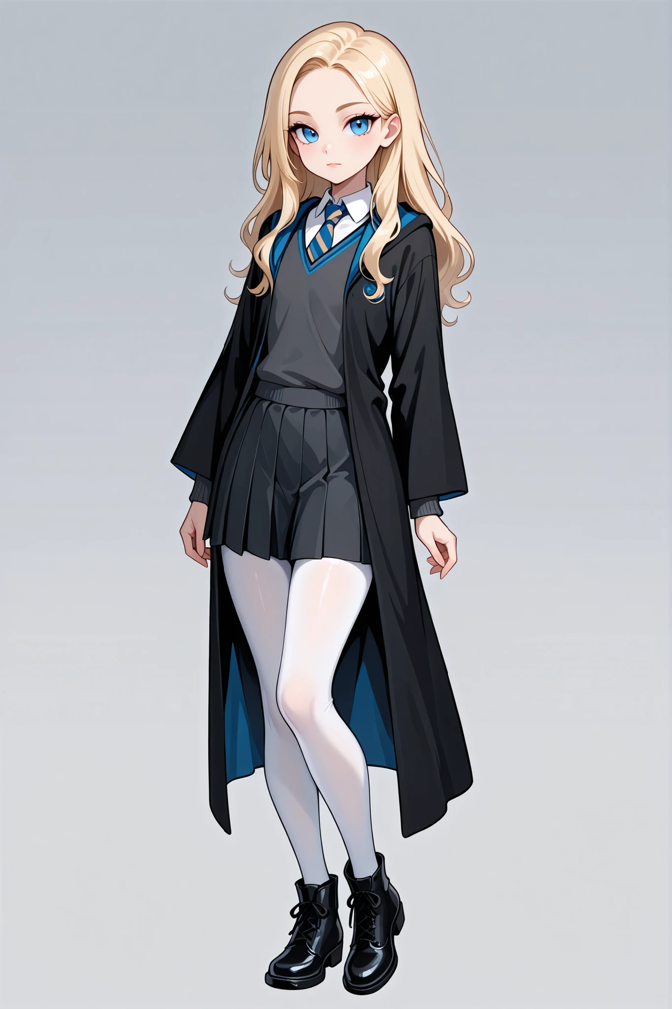 score_9, score_8_up, score_7_up, best quality, masterpiece, 4k resolution, 1girl, solo, youthful, young, beautiful, full body, long hair, blonde hair, blue eyes, looking at viewer, elegant posture, smooth body, clean skin, hogwarts uniform, ravenclaw, black robe, necktie, striped necktie, collared shirt, white shirt, pleated skirt, white leggings, white stockings, black ankle boots,