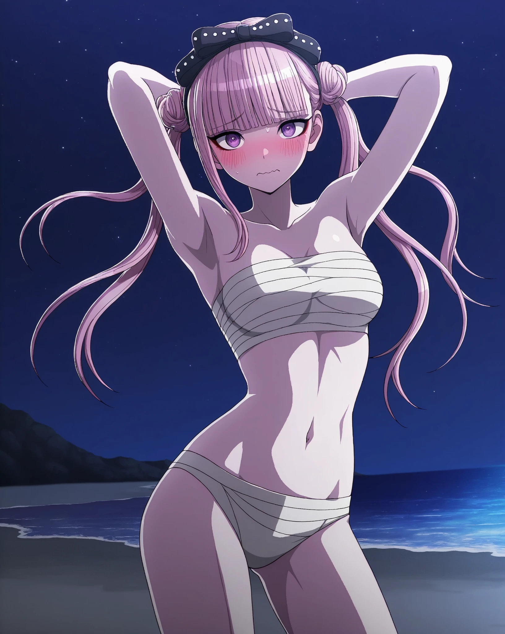 kako, pink hair, purple eyes, twintails, double bun, bow, blunt bangs, medium breast, chest sarashi, anime screencap, high quality, closed mouth, solo, cowboy shot, night sky, beach, arms behind head, ((contrapposto)), looking at viewer, wavy mouth, shy, best quality,