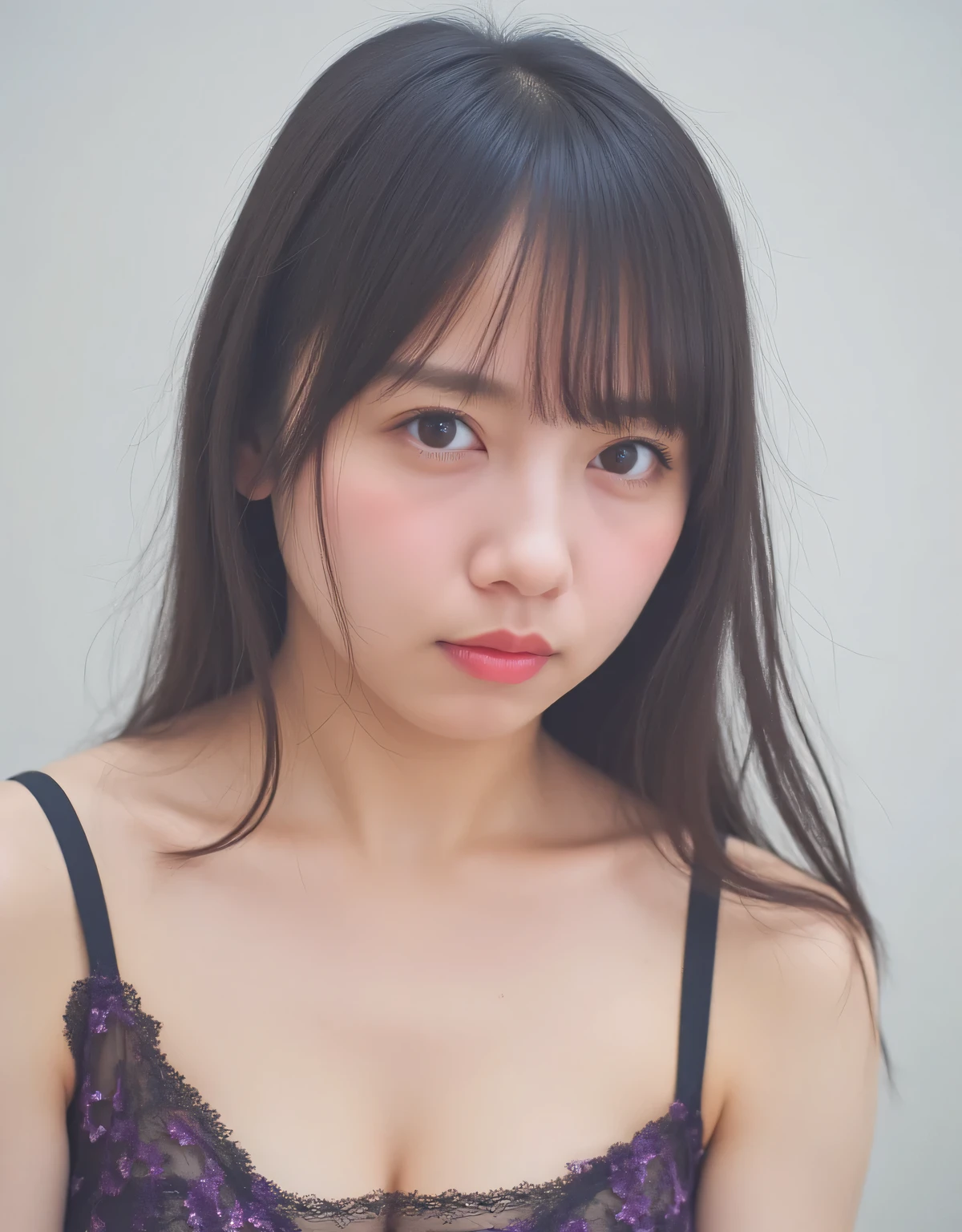 , turn hands backwards , ((black and purple transparent lace bra and panties, full body shot ))), high definition face, Beautiful eyes with great attention to detail , Mijik detail drip , double eyelids, without makeup、 Slim Figure, medium long hair ( best quality, 4K, 8k, oconnor , masterpiece: 1.2), very accurate, ( author: Mr.... name, photorealistic, photorealistic: 1.37), oconnor , Ultra oconnor , studio lighting , extreme details, intense concentration, physically-based rendering , extreme details, professionals under the umbrella, bright color visible from the forehead , Bokeh, Hotel Room、 photo shoot、