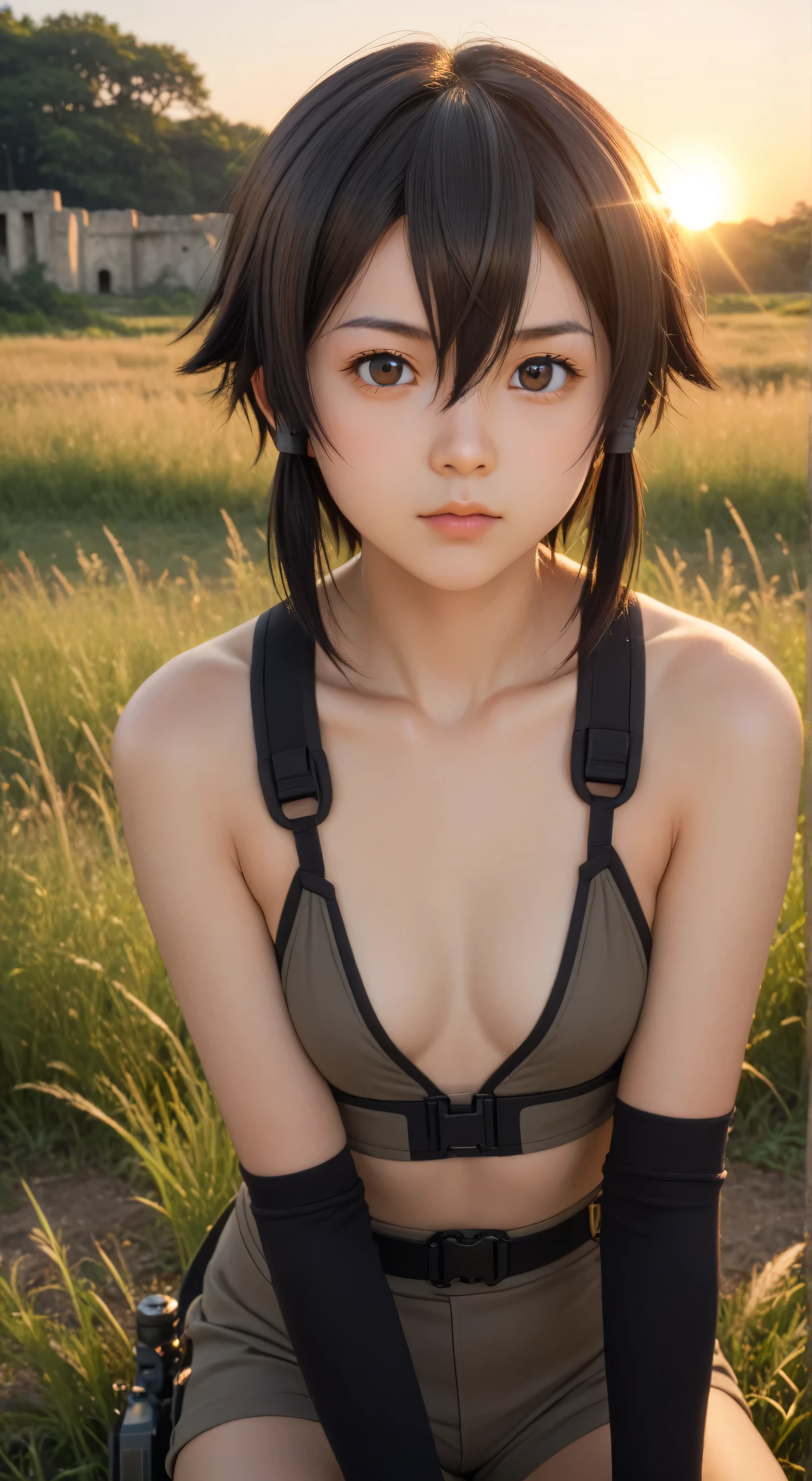 1girl, solo,asada shino,black eyes,black hair,hair between eyes, short hair,outdoors,potrait,small breast,nature,standing under ruins,sidelocks,(sunset lighting:1.5),red sunset,looking at viewer, front view,close up, arm warmers,black glove,(tall grass background:1.5),close up,(hunting gear:1.5), sitting on stone
