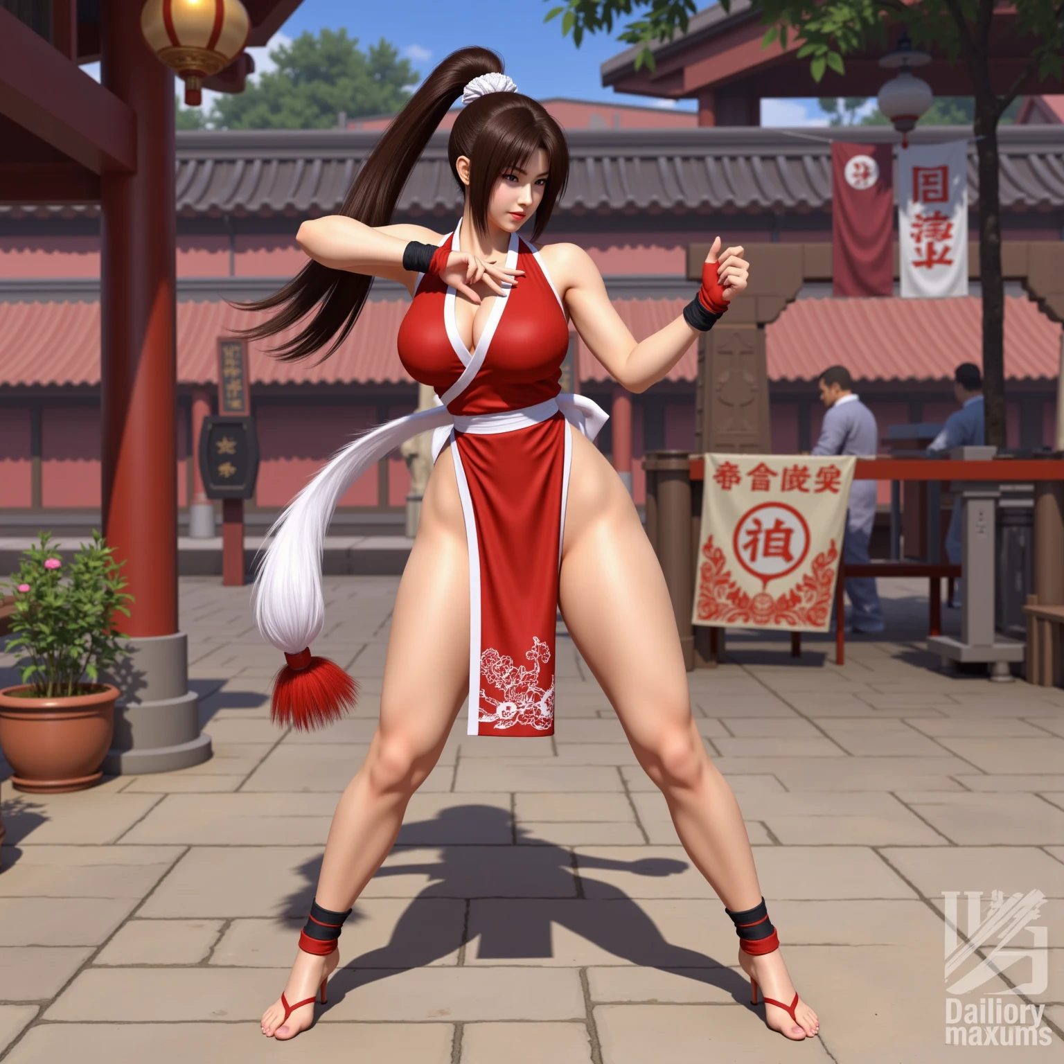 Mai shiranui, (melhor qualidade,ultra-detalhado),(realista:1.37), rosto lindo e detalhado, textura ultra-realista, rosto delicado, corpo delicado, batom vermelho, cores vivas. High definition, 8K. athletic body