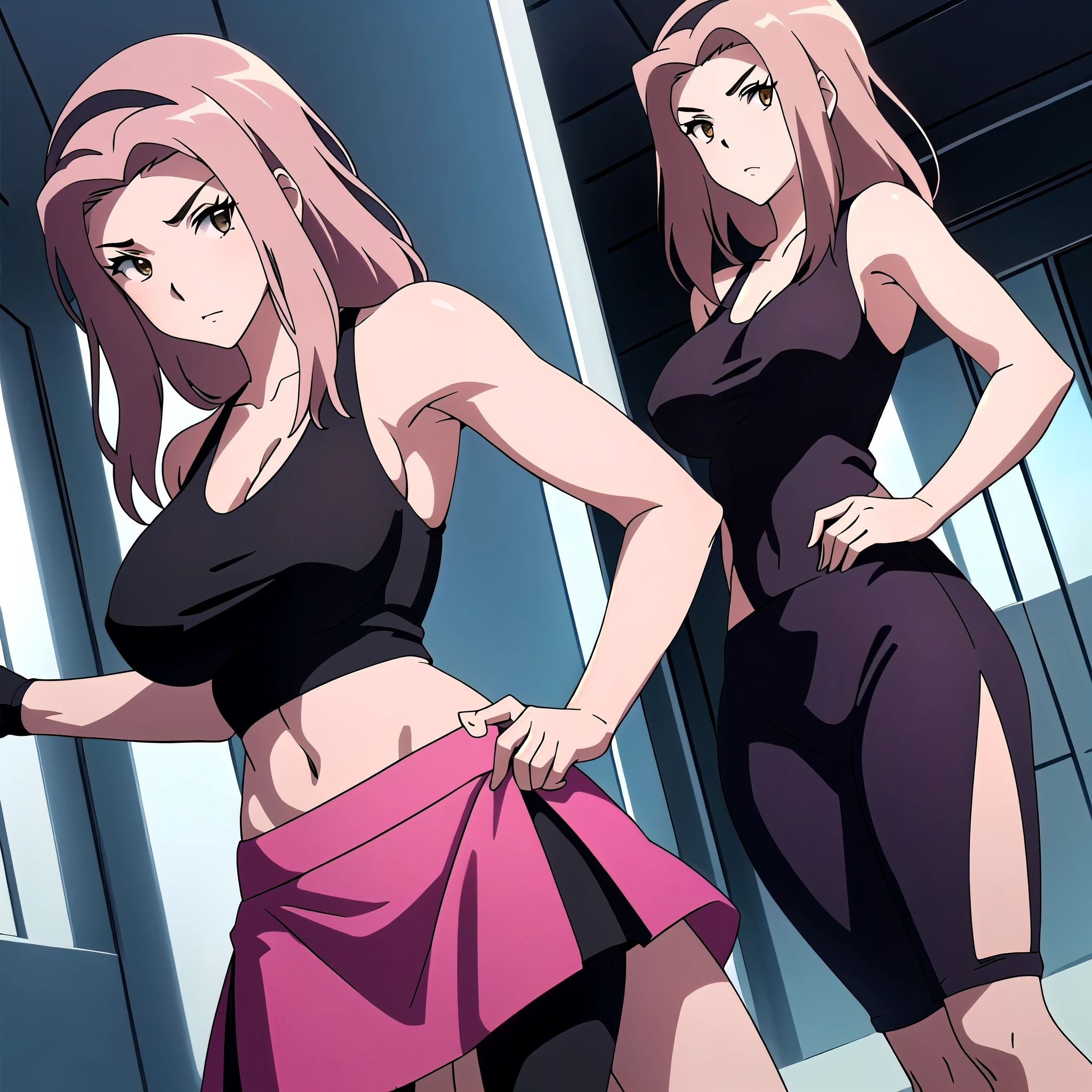 masterpiece, Best Quality, High resolution, 1woman, Close-up of a woman with long purple hair, Brown eyed woman, Alone, Classic Women, Big Breasts, A woman with very large breasts, Made by Anime Artist Studio, Boobs, clothing:Black Tank Top, collarbone, Women Romance, Anime Style, Muscular Woman, Skin tight tank top, Feminine and muscular, Tall Woman, Adult sex appeal, Wearing a tight skirt, tanktop with an black, Red boxing gloves, Bare shoulders, Bare Arms, Cowboy Shot, looking at viewer, Female focus,