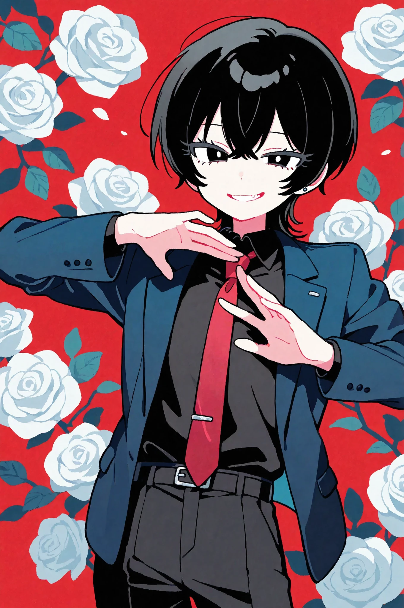 high quality masterpiece Detailed Explanation 1 girl (Androgynous girl) voluminous lashes feminine pink clip cute Accurate Hand Depiction (black eyes, black hair, wolf cut hair, A soft mellow blue jacket, calming yet striking, slim jacket, open jacket, black tapered pants, black shirt, red tie,) (simple monochromatic background rouge red background) handfixer soft smiling expression lying pose see here One white rose