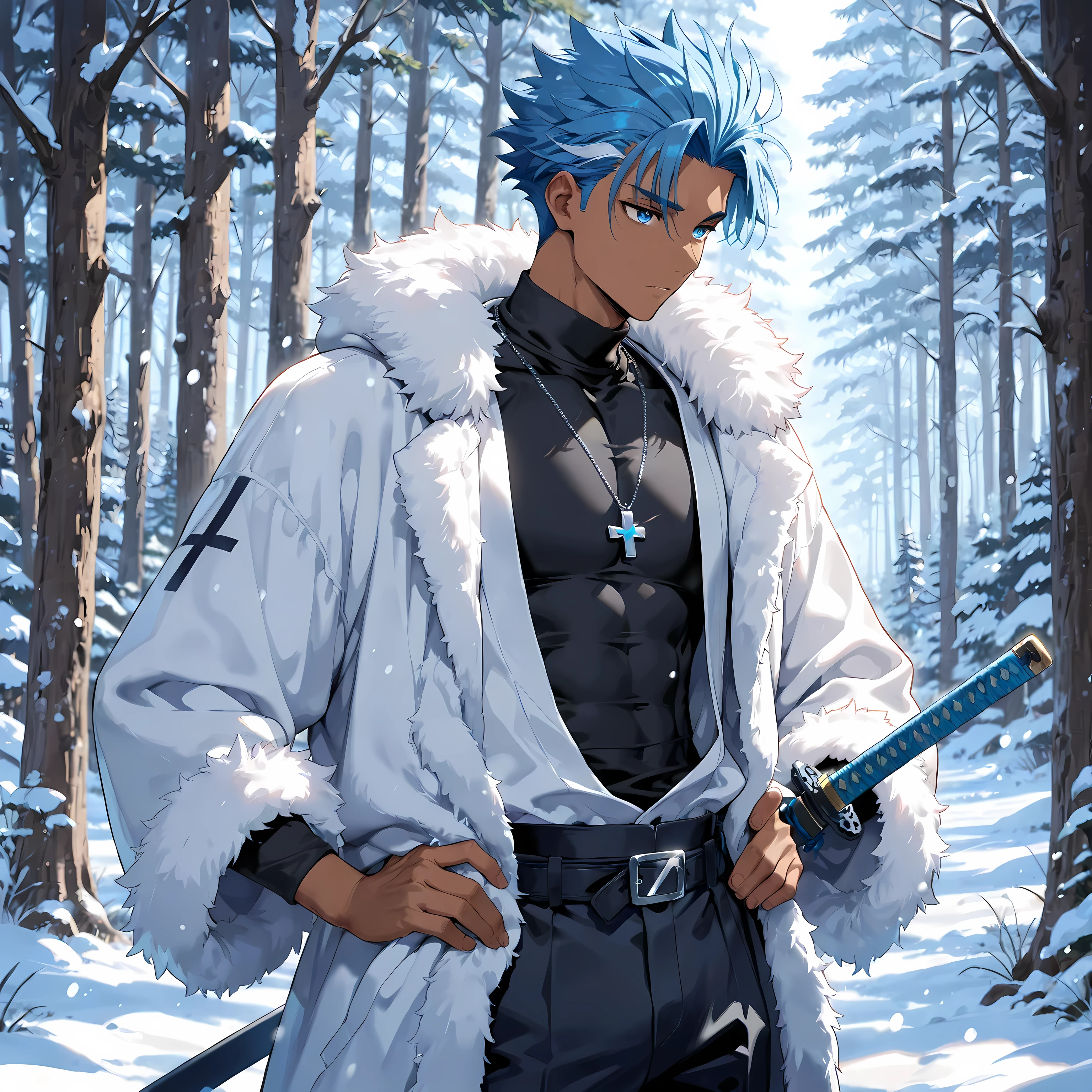 masterpiece , best quality , 1male , male focus , masculine , dark skin , solo , short wavy spiked hair with ahoge , medium length in the back , aegean blue hair , relaxed vibrant aegean blue eyes , warm fur coat , black turtleneck undershirt , black pants , relaxed expression , standing still , silver cross necklace , katana on hip , snow forest background , perfect background , close-up