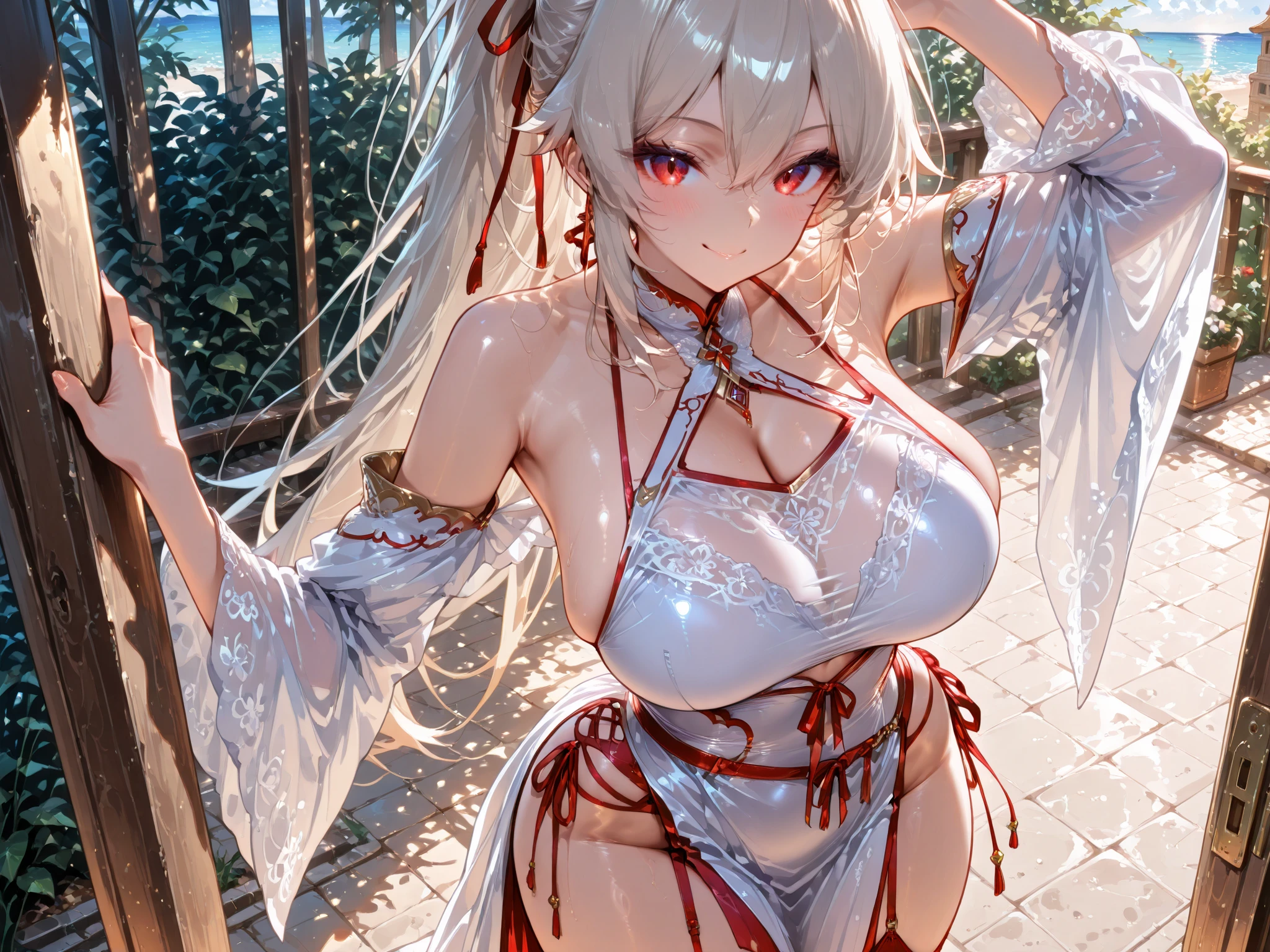 masterpiece, best quality, ultra-detailed, glistening shiny, glowing light, ray tracing, HDR, deph of field, (perfect face, detailed face, detailed eyes), 8k,HD,ultra realistic face, ray tracing, perfect lighting, best quality, ultra-detailed, shiny eyes, (looking at viewer, open mouth smile:1.1), ((1girl)), (mature female:1.4), thicc,
from below, (upper body:1.4), 1girl, mature female, high ponytail, looks at viewer, horny, silver hair, white hair, very long hair, glowing eye, pink eyes, (exhibitionism:1.3), curvy, (massive tits:1.1), glamor, glamorous, voluptuous, huge breasts,
white cheongsam, (slit cheongsams:1.3), (white pantyhose:1.2), (panties under pantyhose:1.3), bridal legwear, (asymmetrical legwear:1.1), lace trim, (showgirl skirt, cross-laced skirt, taut skirt, see-through skirt:0.5), white lace-trimmed gloves, single bridal gauntlet, (bridal garter:1.1), lissome curvaceous beauties, bare shoulders,
bunny girl, rabbit ears,
outdoors, (sitting on stairs:1.1), (blossoms:1.2), sakura blossoms, (torii:1.2), bushes, trees, dappled sunlight, day, maniac, dynamic light, dynamic shadows, windy, belly