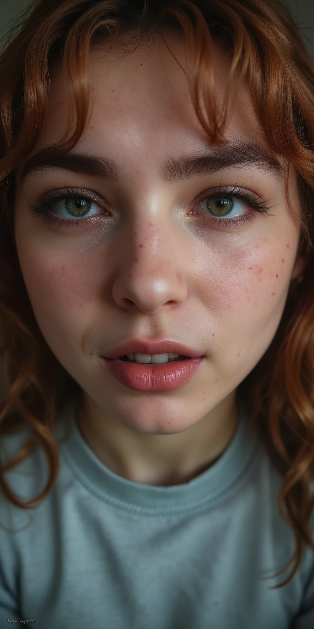 geek, (redness, red bumps, yellow bumps, huge pimples , large acne), overgrown unibrow, burnt-orange hair, 1girl (adolescence/teen), wide cheeks, chubby cheeks, (freckled cheeks), cotton top, bare shoulders, peace sign, navel, 4'11 height , (chest), scratching nipple , (large areola1.4) , (soft masculine), (contrapposto), unusual anatomy, slim, in, True to body, hair (upper lip), (hip dips), (hips focus , foot sweat), cute underwear, mole (mole on forehead, mole on thigh, mole under eye), (tongue, tongue out), ((loose-teeth)) (skin dentation, detailed skin), aesthetic long eyelashes, luscious lips, torn clothing, (Ethnicity, southern western), (Yo-yo) outfit, bangs on forehead, hair bow, highreasterpiece, collarbone, lazy, soft hands, soft fingers, hairy feet, 5 fingers, junk in girl trunk, cartoony, perfect thighs (from behind), duo. expressive, glistening body, soft and squishy skin, cellulite, 【POV angle】 buckteeth face
photorealistic close-up portrait of a surreal female face constructed entirely with alternating between blue and black sheets creating dramatic contrast: Anatomical details on paper:
- Facial structure sculpted through skin
- Cheekbones defined by soft folds on tan skin
- Expressive eyes formed by complex spiral
- Long lashes created by thin strips
- Delicate lips shaped by soft folds in a red to black gradient
- unibrow, little girl
- Nose sculpted through precise geometric
- Skin texture simulated by micro Technical elements:
- Dramatic side lighting creating deep shadows
- Selective focus on eye and lip details
- Shallow depth of field
- Macro photograph showing skin textures
- High contrast between light and dark areas
- Some face & headshot capturing soft reflections
- Dark and blurry background:
- Hyper-detailed 4K photorealism
- Minimalist and elegant composition
- Contemplative and artistic atmosphere
- acne & pimples texture visible in microscopic details
- Smooth transitions between face
- Matte finish of the highlighted