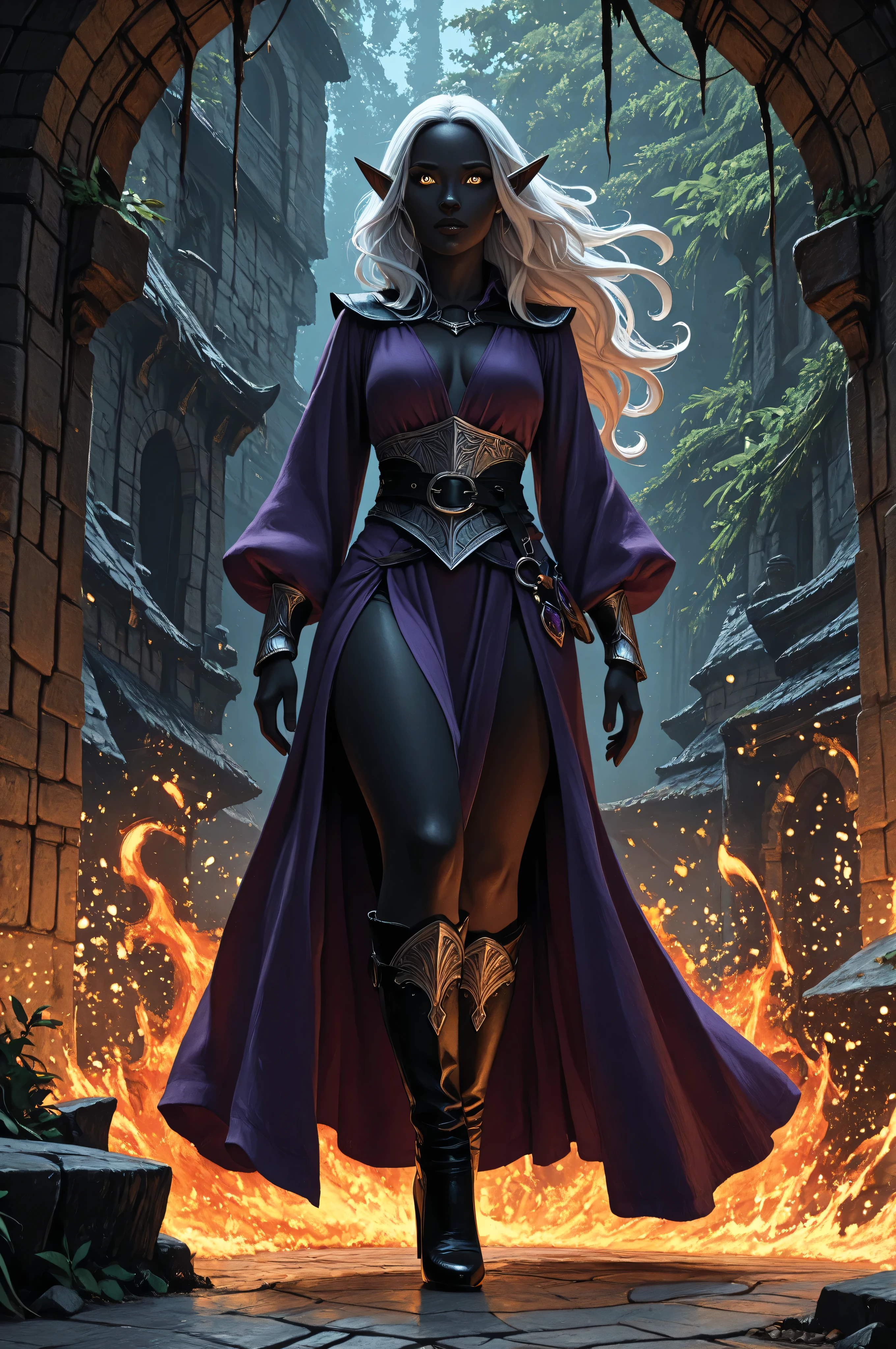 ,aidmaMJ6.1,aidmaMJ6.1,(masterpiece, detailed:1.2), a portrait of a female dark elf, black skin, white hair, long hair, wavy hair, flowing hair, sparkling fiery eyes, there are jewelry in her hair. full body shot, wearing, purple sildree, high heels boots, spider web bakground, best quality, 16k, ultra detailed, masterpiece, best quality, (extremely detailed), dynamic angle, ultra wide shot, photorealistic, RAW, fantasy art, dnd art,fantasy art, realistic art,