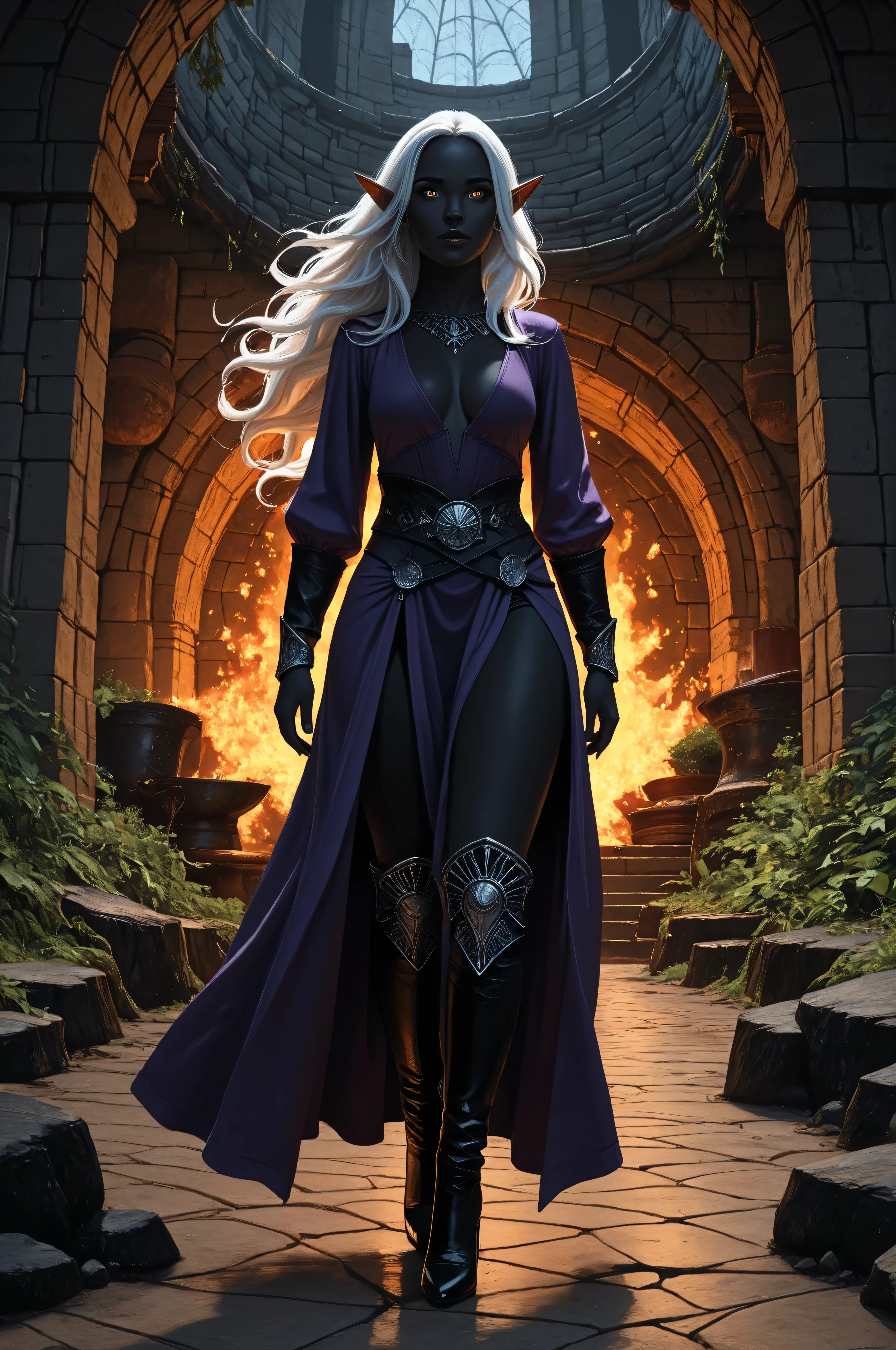 ,aidmaMJ6.1,aidmaMJ6.1,(masterpiece, detailed:1.2), a portrait of a female dark elf, black skin, white hair, long hair, wavy hair, flowing hair, sparkling fiery eyes, there are jewelry in her hair. full body shot, wearing, purple sildree, high heels boots, spider web bakground, best quality, 16k, ultra detailed, masterpiece, best quality, (extremely detailed), dynamic angle, ultra wide shot, photorealistic, RAW, fantasy art, dnd art,fantasy art, realistic art, 