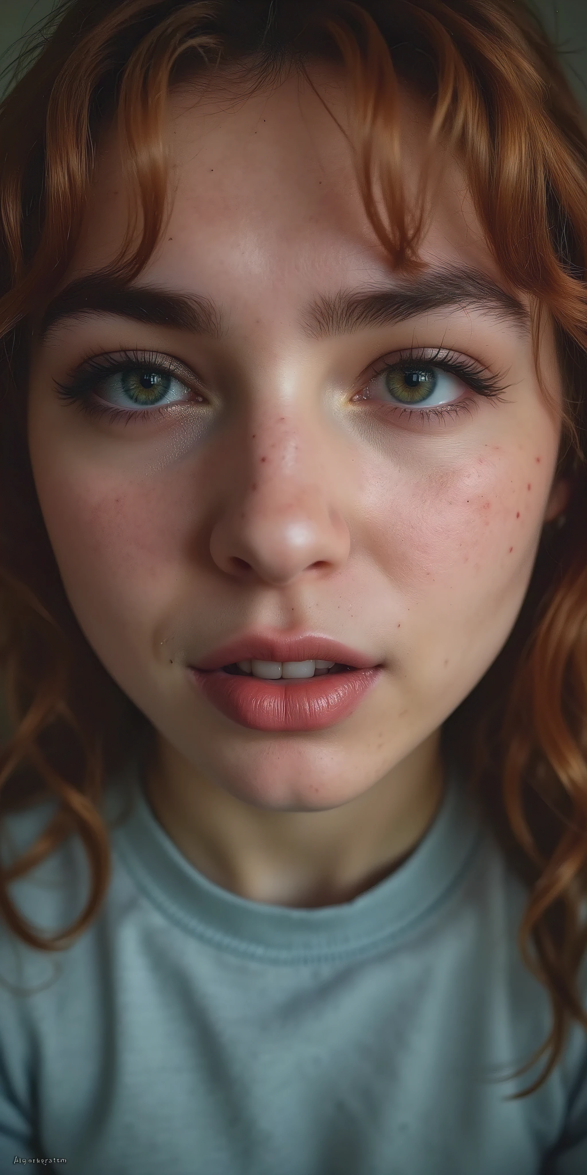 geek, (redness, red bumps, yellow bumps, huge pimples , large acne), overgrown unibrow, burnt-orange hair, 1girl (adolescence/teen), wide cheeks, chubby cheeks, (freckled cheeks), cotton top, bare shoulders, peace sign, navel, 4'11 height , (chest), scratching nipple , (large areola1.4) , (soft masculine), (contrapposto), unusual anatomy, slim, in, True to body, hair (upper lip), (hip dips), (hips focus , foot sweat), cute underwear, mole (mole on forehead, mole on thigh, mole under eye), (tongue, tongue out), ((loose-teeth)) (skin dentation, detailed skin), aesthetic long eyelashes, luscious lips, torn clothing, (Ethnicity, southern western), (Yo-yo) outfit, bangs on forehead, hair bow, highreasterpiece, collarbone, lazy, soft hands, soft fingers, hairy feet, 5 fingers, junk in girl trunk, cartoony, perfect thighs (from behind), duo. expressive, glistening body, soft and squishy skin, cellulite, 【POV angle】 buckteeth face

photorealistic close-up portrait of a surreal female face constructed entirely with alternating between blue and black sheets creating dramatic contrast: Anatomical details on paper:
- Facial structure sculpted through skin
- Cheekbones defined by soft folds on tan skin
- Expressive eyes formed by complex spiral
- Long lashes created by thin strips
- Delicate lips shaped by soft folds in a red to black gradient
- unibrow, little girl
- Nose sculpted through precise geometric
- Skin texture simulated by micro Technical elements:
- Dramatic side lighting creating deep shadows
- Selective focus on eye and lip details
- Shallow depth of field
- Macro photograph showing skin textures
- High contrast between light and dark areas
- Some face & headshot capturing soft reflections
- Dark and blurry background:
- Hyper-detailed 4K photorealism
- Minimalist and elegant composition
- Contemplative and artistic atmosphere
- acne & pimples texture visible in microscopic details
- Smooth transitions between face
- Matte finish of the highlighted