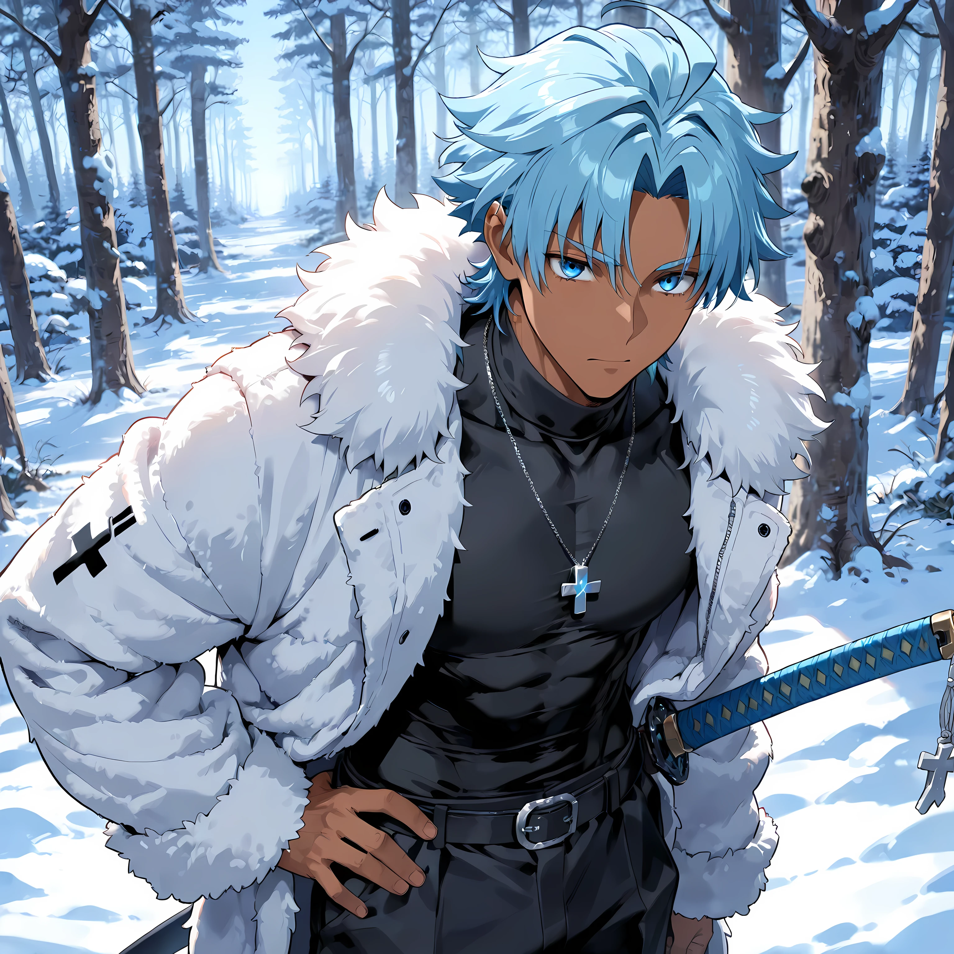 masterpiece , best quality , 1male , male focus , masculine , dark skin , solo , short wavy spiked hair with ahoge , medium length in the back , aegean blue hair , relaxed vibrant aegean blue eyes , warm fur coat , black turtleneck undershirt , black pants , relaxed expression , standing still , silver cross necklace , katana on hip , snow forest background , perfect background , close-up , looking up at sky