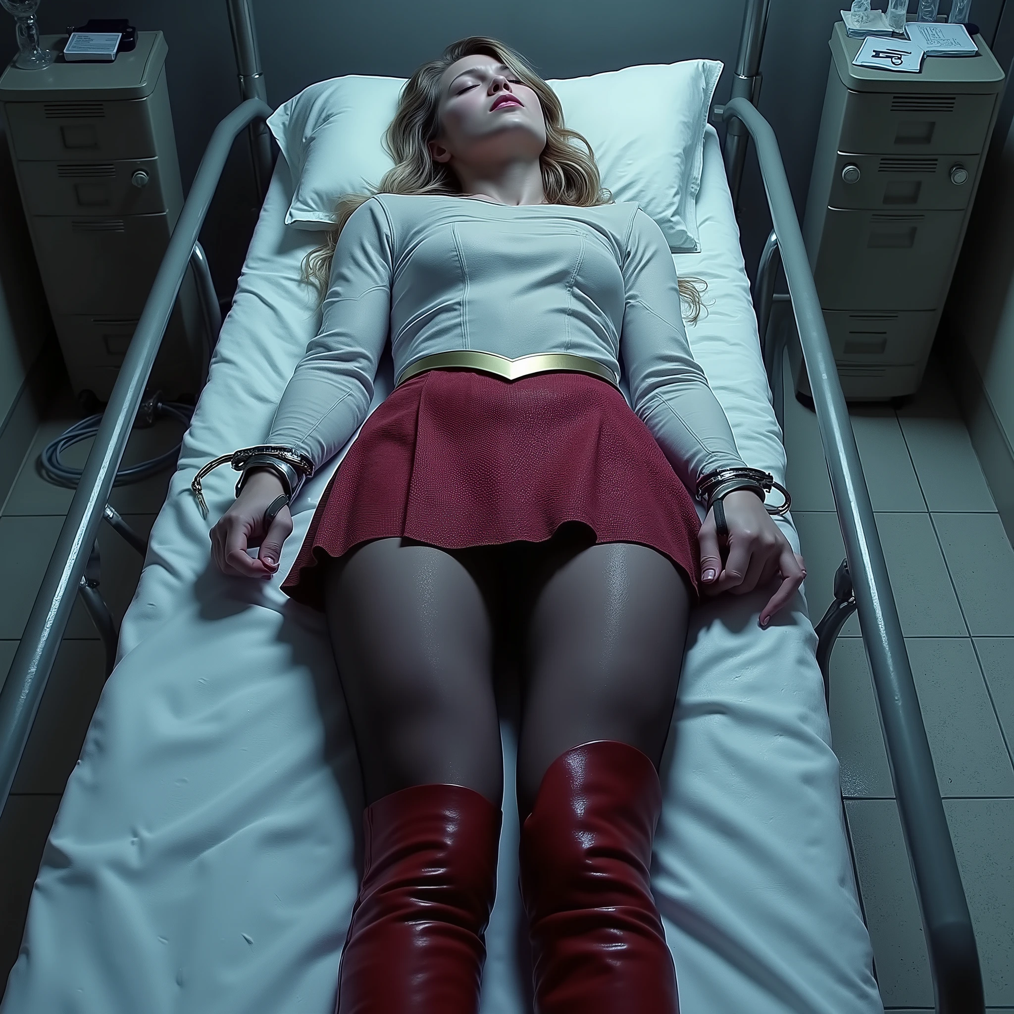 Supergirl is loss of conscious on the bed in the laboratory, she has a very bright white skin, can see whole body, She is wearing a thin black pantyhose, very short red skirt, torn clothes, red knee height long boots, blonde hair, handcuffed to the bed, restraint to the bed by metal locking device, eyes close, painful face, a lot of cum on her clothes, cum on her legs, photorealistic, view from cieling,