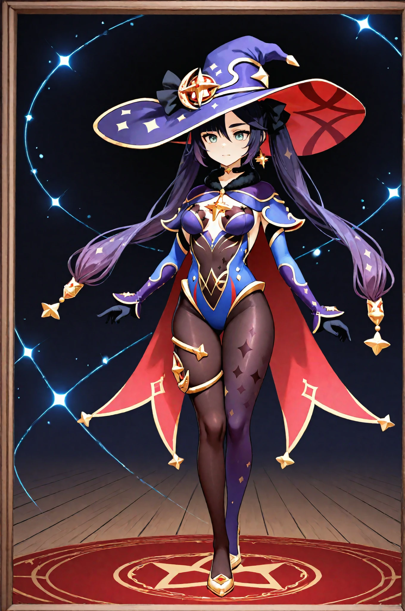 Centered image without cropping, Mona from Genshin Impact, A full-body portrait of a beautiful female character in a detailed fantasy outfit. She wears a large pointed sorceress hat in deep blue with golden star patterns, a black bow, and a red star-shaped emblem. Her long purple hair flows down, partly covered by the hat. She has pale skin, green eyes, and a calm, confident expression.
Her outfit is a form-fitting bodysuit in shades of deep purple, indigo, and dark violet with golden trims and star motifs. The bodysuit has a plunging neckline decorated with a red gemstone and golden star-shaped ornaments. She also wears a short cape with a red interior and dark blue outer layer, lined with golden stars at the edges.
Her arms are covered with long purple gloves, decorated with golden details and small star accents. On her legs, she wears asymmetrical stockings: the left leg has sheer dark brown stockings with star patterns, while the right leg is a solid deep purple with golden diamond patterns. Both legs end in golden high-heeled shoes with star ornaments.
The background is a gradient of deep blue and purple, dotted with faint glowing lights resembling stars, creating a cosmic and magical atmosphere