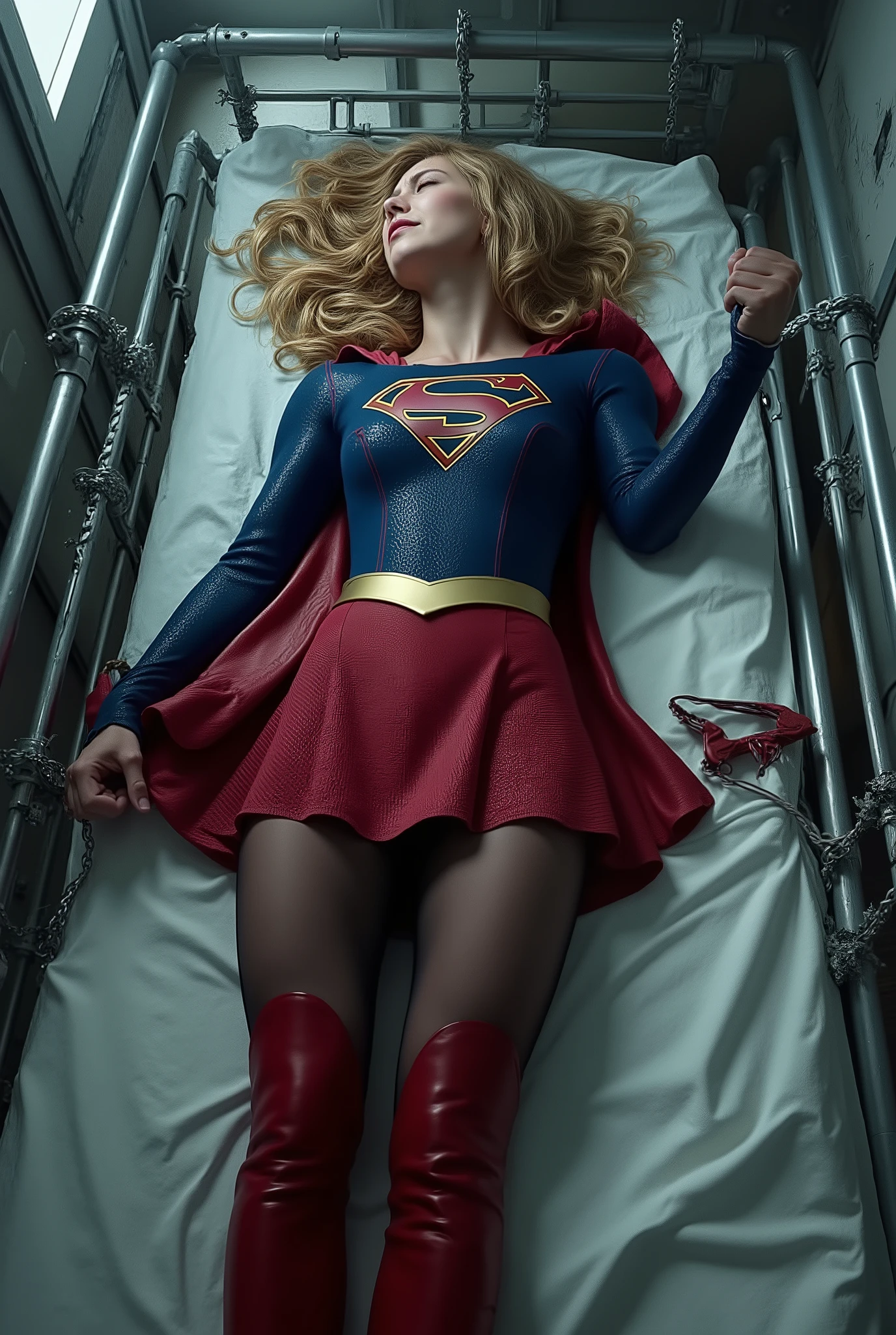 Supergirl is loss of conscious on the bed in the laboratory, she has a very bright white skin, can see whole body, She is wearing a thin black pantyhose, very short red skirt, torn clothes, red knee height long boots, blonde hair, handcuffed to the bed, restraint to the bed by metal locking device, eyes close, painful face, photorealistic, view from ceiling,