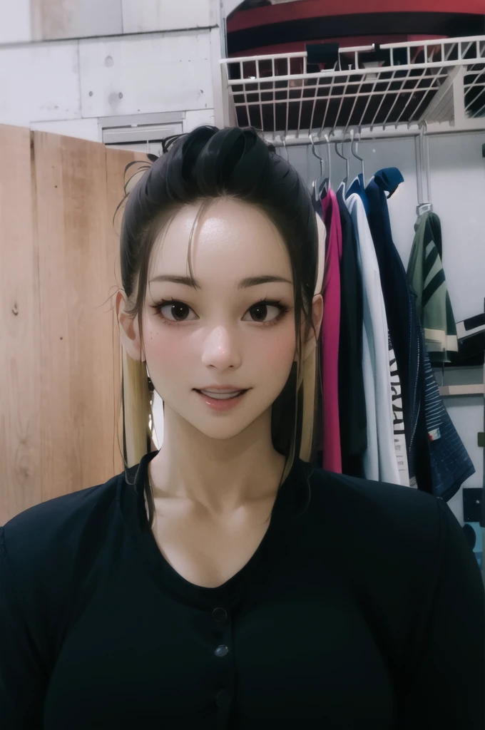 （lifelike, realistic， high resolution：1.3）， 1 fille avec un corps parfait， Super fine face and eyes，Longhaire，pigtails,  Very tight tank top in random colors：1.2， jupe courte， very big breasts，protruding breasts, Exposer le décolleté