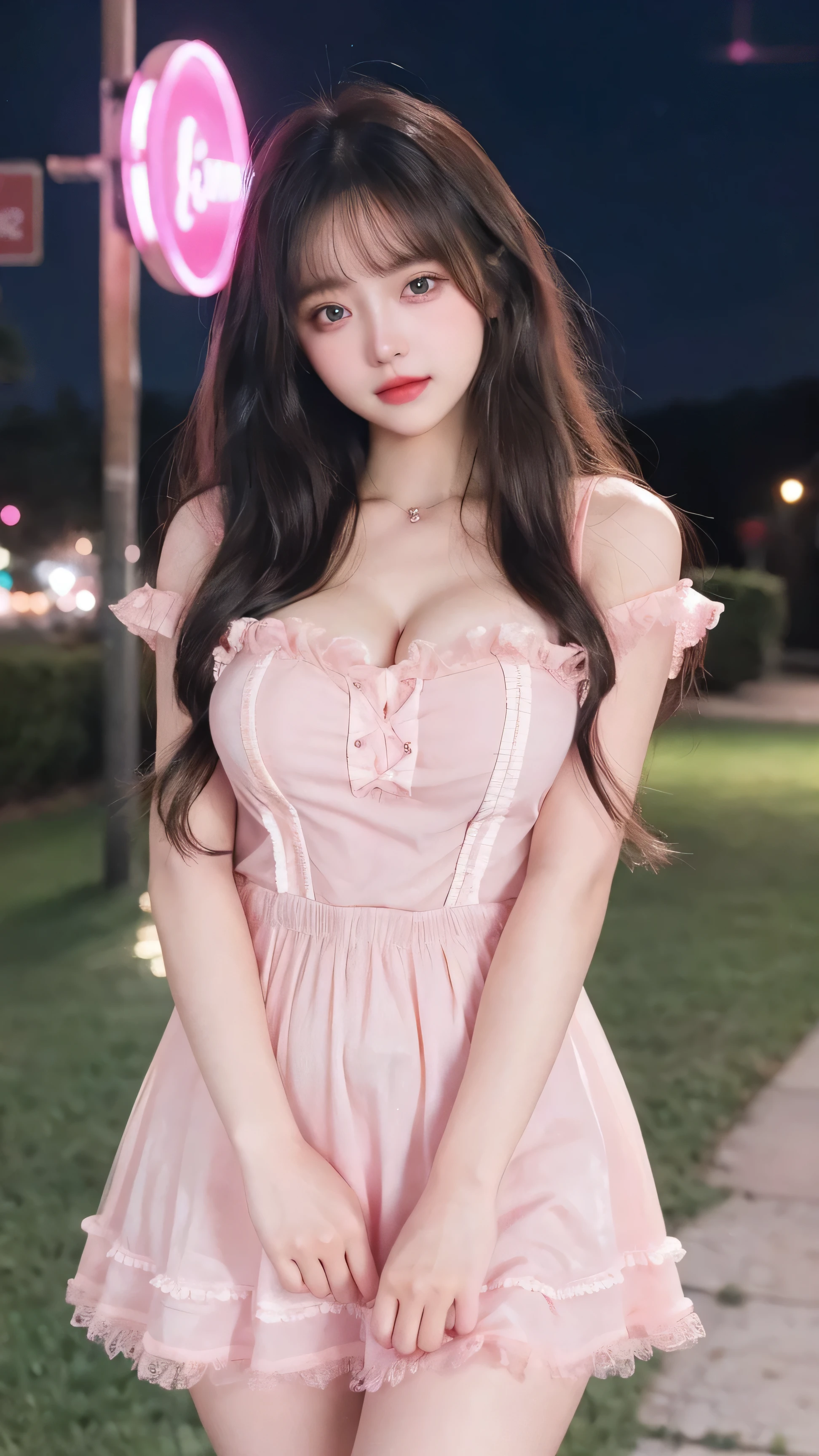1 Girl, Beautiful, Baby Face, 20 Years Old, White Skin, Colossal Breasts, Sexy Pose, Sexy Look, Sexy Makeup, Pink Colour Pinafore Dress, Pink Fishnet Stocking, ((Pink Coloured)), ((Bright Retina)), Muscles, Bokeh, Empty Land, Masterpiece, ((Night))