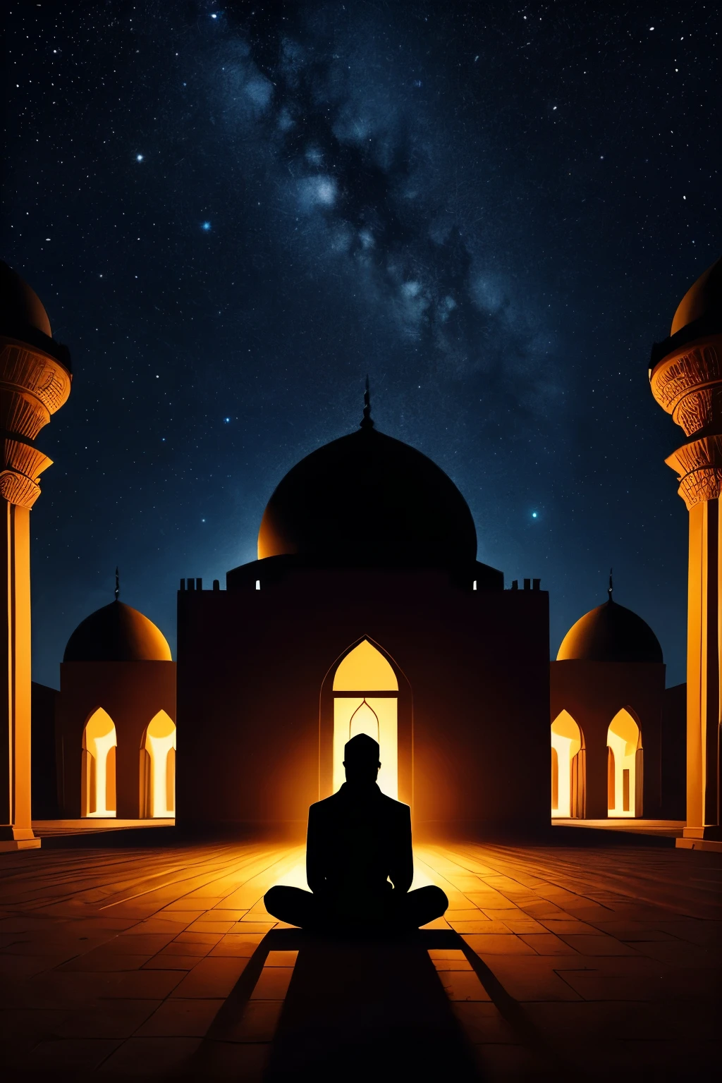A praying man silhouette under the starry night, with faint glowing outlines of dayah rooftops and a mosque dome in the distance, soft beams of divine light descending, mystical aura, artistic and emotional book cover illustration.