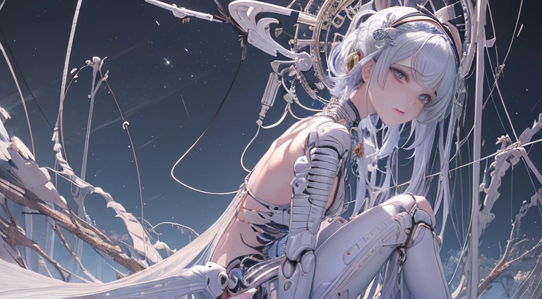 (((masterpiece))), (((best quality))), ((ultra-detailed)), (highly detailed CG illustration), ((an extremely delicate and beautiful)),(from side),cinematic light,((1mechanical girl)),solo,full body,(machine made joints:1.2),((machanical limbs)),(blood vessels connected to tubes),(mechanical vertebra attaching to back),((mechanical cervial attaching to neck)),(sitting),expressionless,(wires and cables attaching to neck:1.2),(wires and cables on head:1.2)(character focus),science fiction,white background, extreme detailed,colorful,highest detailed