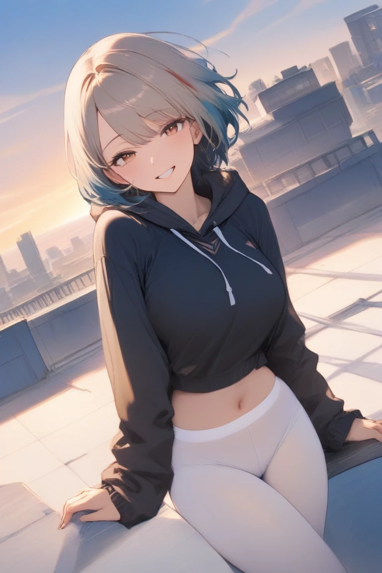 masterpiece:1.3、ultra high resolution:1.3、8K、woman、solo:1.3、whole body、The style is very good.、real face、looking at the viewer、White-silver hair、rainbow色の目:1.3、ponytail、big breasts、hoodie、shorts、cute、close、blush、shyness、Light pointing、city、many buildings、beautiful sky、sunrise、rainbow、Stuffy、wet、
