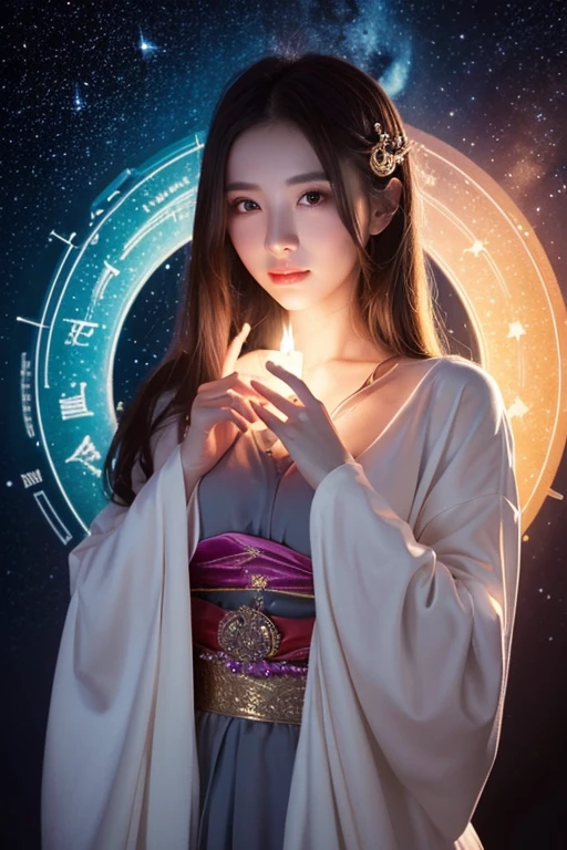 Under a star-filled sky, Orihime and Hikoboshi stand on opposite sides of the shimmering Milky Way, their eyes meeting with a sense of longing and love. The night is illuminated by a soft, ethereal glow, with delicate hues of blue and purple blending into the darkness. Surrounding them are twinkling stars, glowing mist, and mystical constellations, creating a magical and otherworldly atmosphere. Both characters are dressed in traditional celestial robes adorned with intricate patterns, adding to the enchantment of the scene."