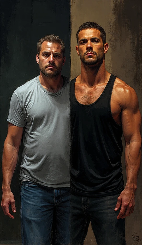 Add a very skinny gay teen man,  and touching the other man's body. Hyperrealism