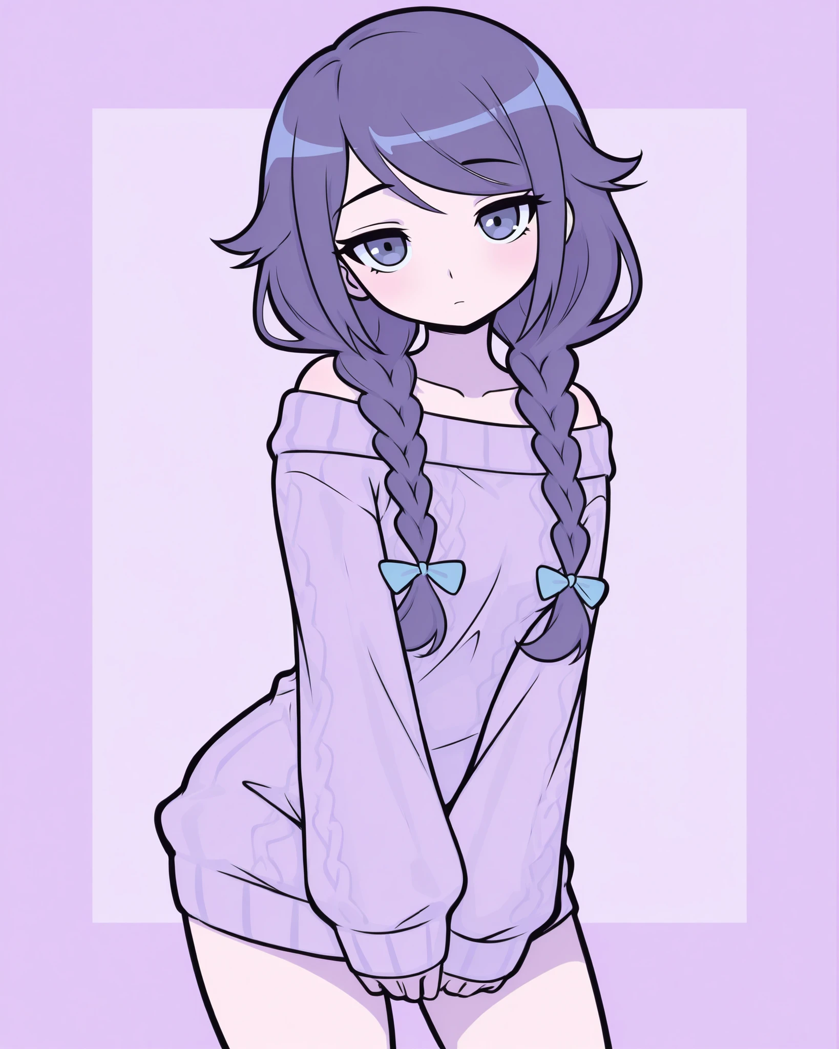 CartoonyIllustrious,shojo anime girl, braided hair with blue ribbon, dreamy look, oversized sweater, lavender solid background, high detail, shojo style, soft colors, clean composition, 8k quality