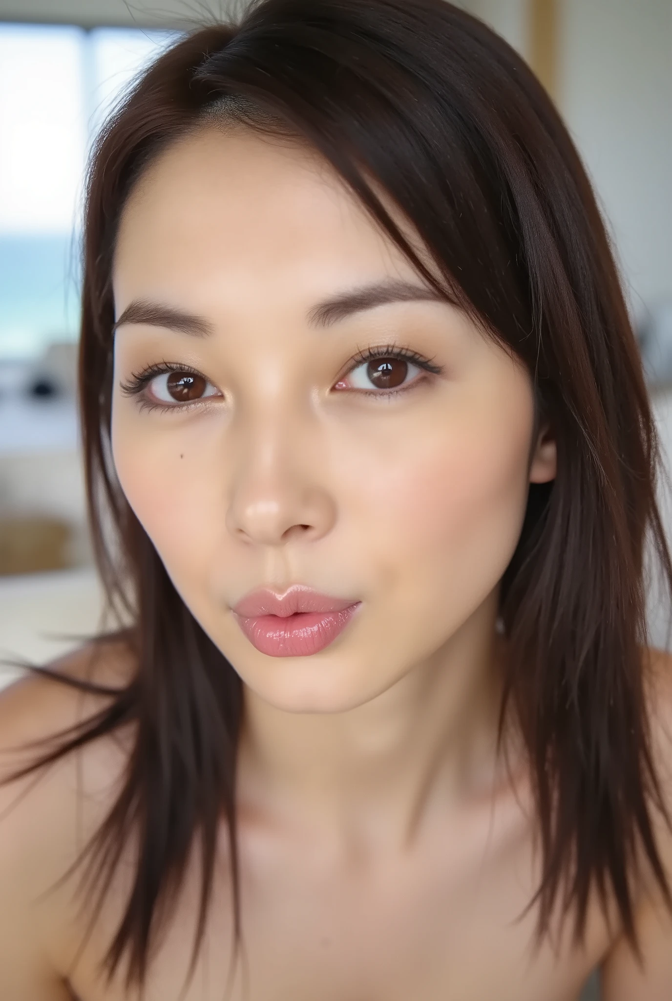 A high resolution photograph of a Japanese adult woman.
(Her hairstyle is dark hair).
She has a kissing face with open eyes in a natural make-up.
She has small breasts, flawless porcelain-white skin and fine-textured skin.
(The photo is taken in POV, close-up of face and face focus:1.2).
background is blurred, but it appears to be a villa setting, with furniture, ocean view through the large window visible.
The image depicts detailed face, detailed eyes and sophisticated nose.
The amazing quality, extreme details, intricate details, sharp focus, rich contrast and use of professional lighting techniques make this photograph a masterpiece. The image is photo-realistic style.