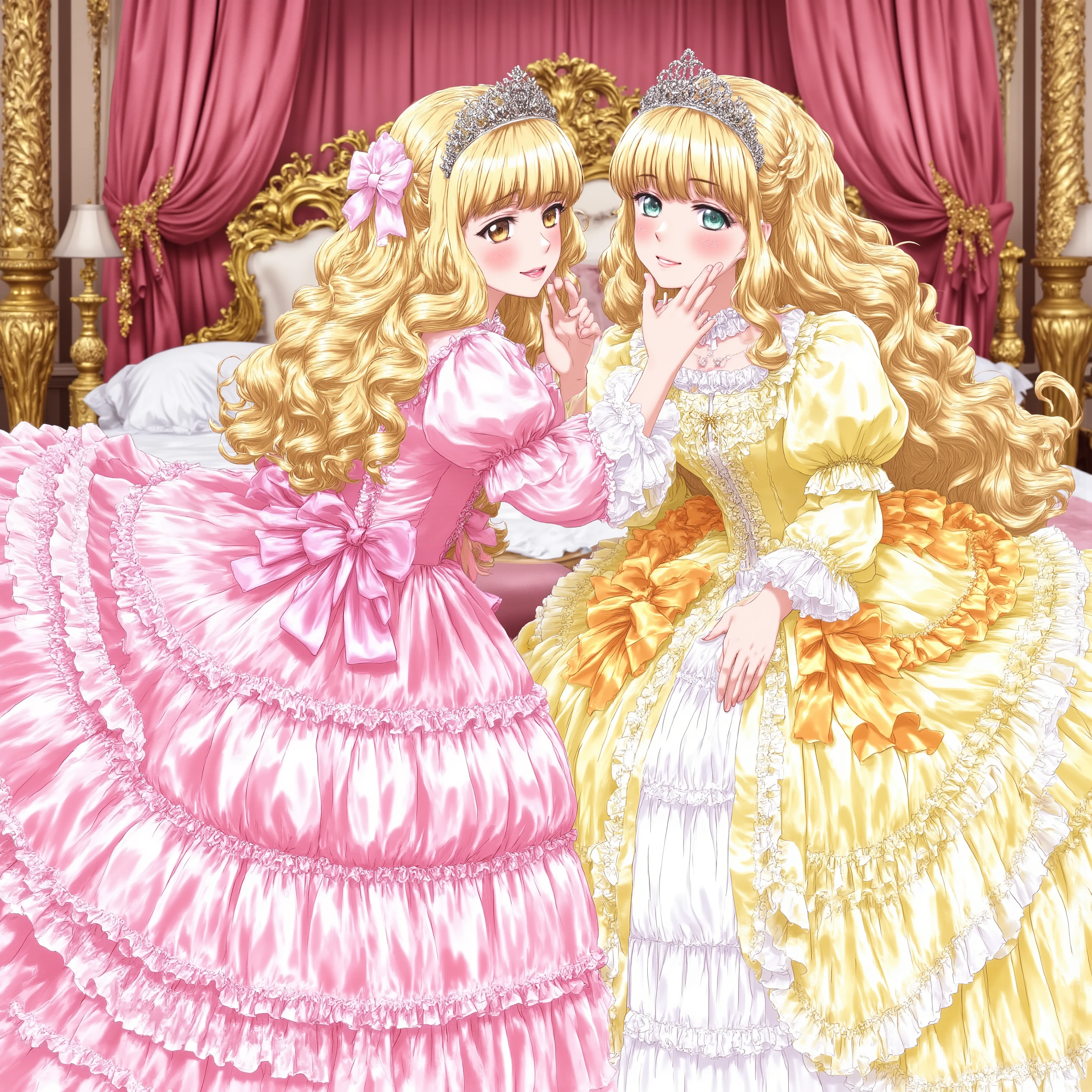 masterpiece, very beautiful, (Anime Coloring, anime screenshot), OFFICIAL ART, Illustration, 1990's Anime Style,
1girl, masterpiece, Highest Quality, absurd, OFFICIAL ART, Official Style, Cute Princess, she's smiling,((colorful silk satin Victorian style big ball gown dress.:1.0)), with a tiara on her head ,luxury,Two people kiss , short,long sleeve,The dress is decorated with lots of ruffles and bows., have waist-length blonde wavy long hair,They wear princess tiaras on their heads,In a gorgeous European rococo palace,gorgeous giant king bed behind,Pink curtains with ruffles,