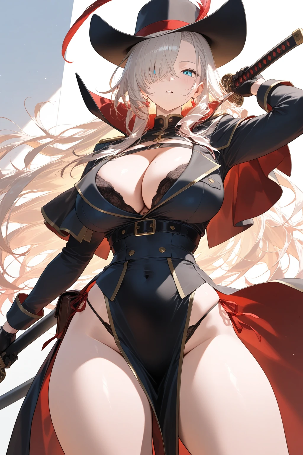 True Face、Raise your sword with both hands、Blonde、Black Cape、Big red ?????? tattoo、Black metallic string ??????、(????????????:1.5)、Underboob、Sideboob、garter belt、?????????、Thick thighs、Wide ????、curve、Golden Gauntlet、Gold Long Boots、????