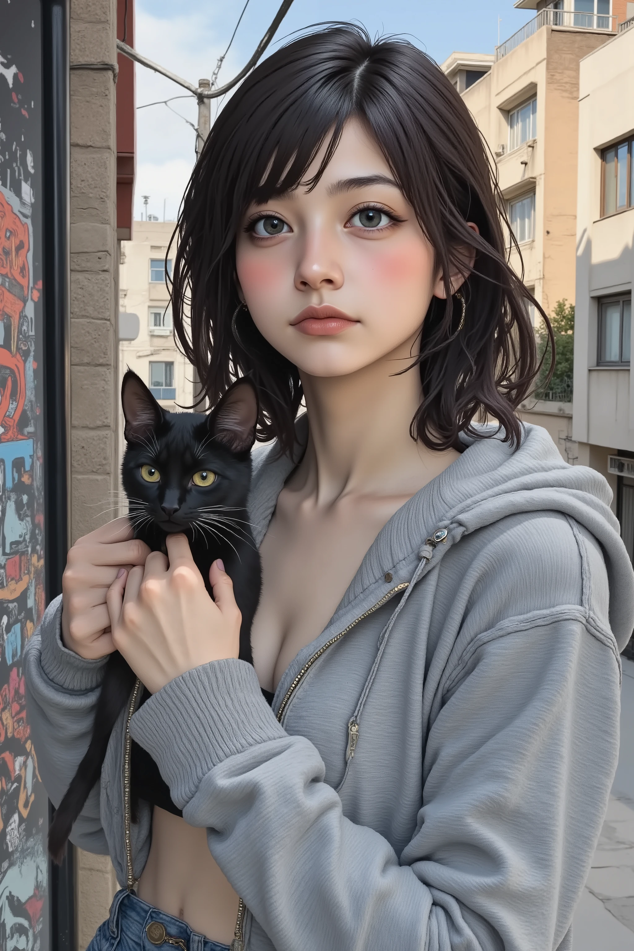 yuki_uchida,Comic book illustration,Illustration. Super Realistic, Hyper Details, detailed clothing, Detailed Foreground, detailed lighting, hyperrealism, anatomically accurate, Curvaceous woman, Dynamic Poses, mature woman. an ultra-realistic half-length shot of a young woman wearing a gray hoodie、exquisite graffiti art is applied on the back. the beauty of the woman's skin and the texture of her deep chest、every detail is captured. Dark hair framing white skin, delicate face, creates a vivid contrast with the chaotic yet artistic urban background, the woman is holding a small black cat:1.8.